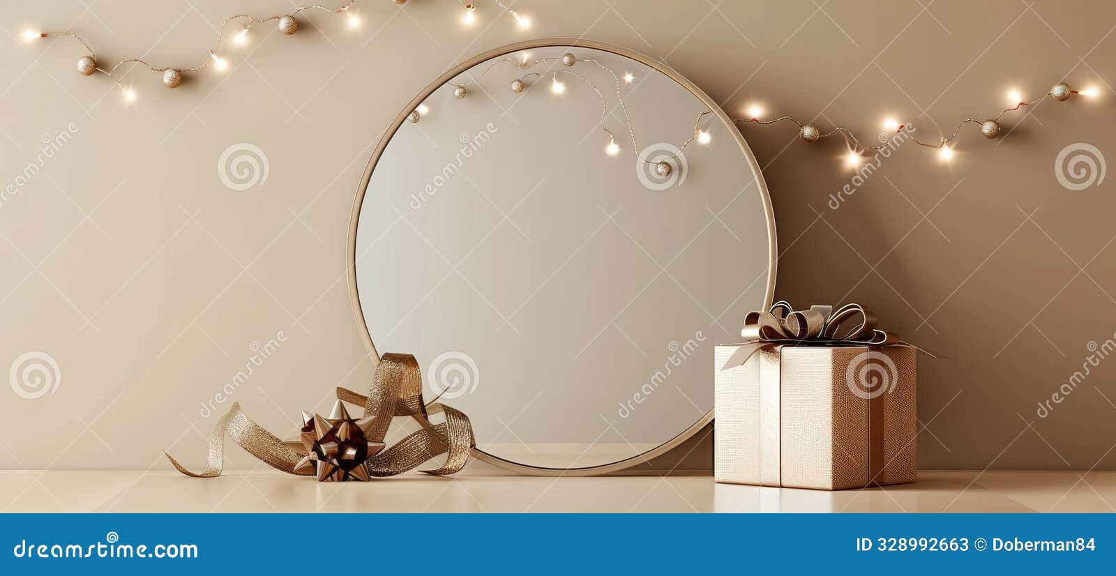 elegant christmas gifts with bows and a round mirror, festive holiday decor