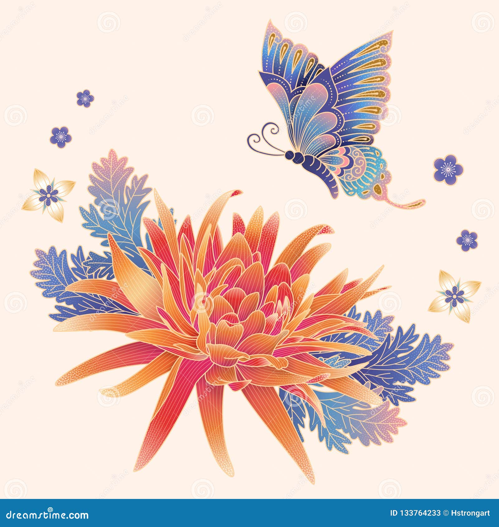 Elegant Chrysanthemum and Butterfly Stock Vector Illustration of