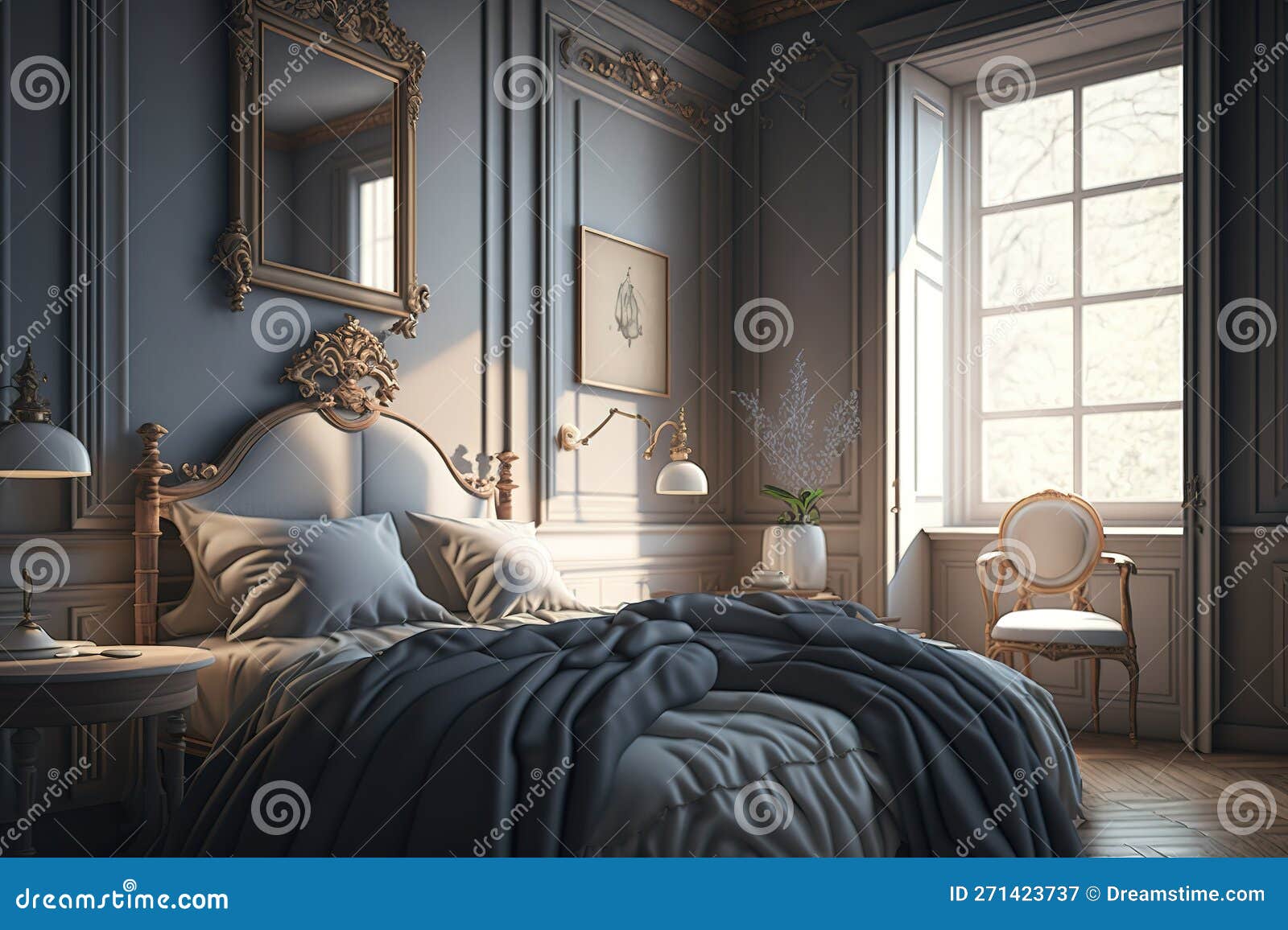 Elegant classic bedroom stock illustration. Illustration of render