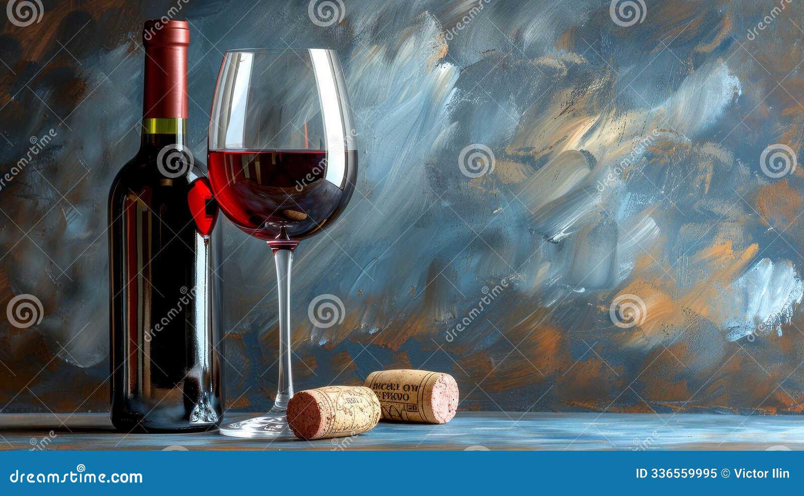 elegant composition of red wine glass beside bottle and cork on soft blue background
