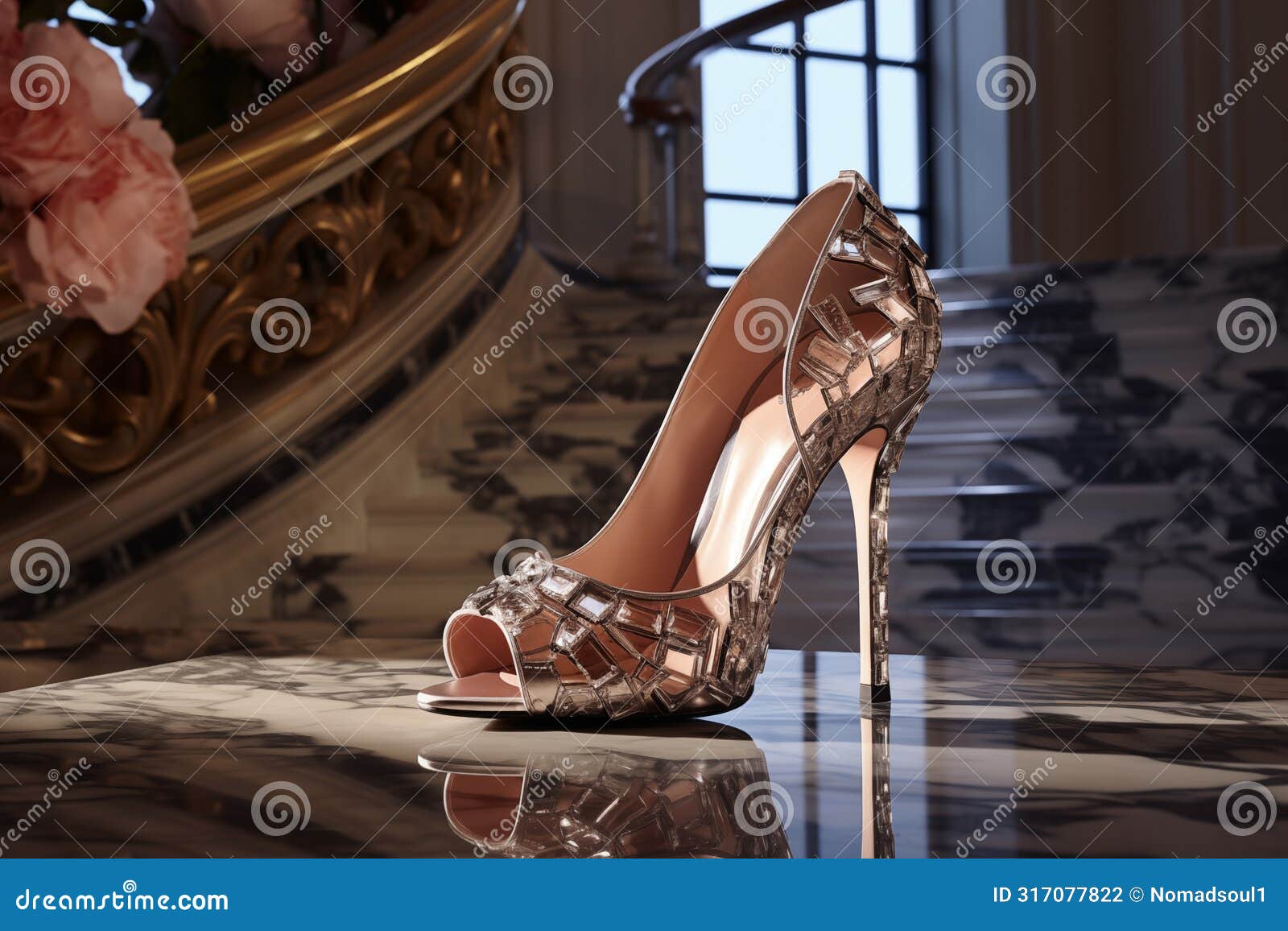 elegant er bridal high heel positioned on marble staircase. generative ai