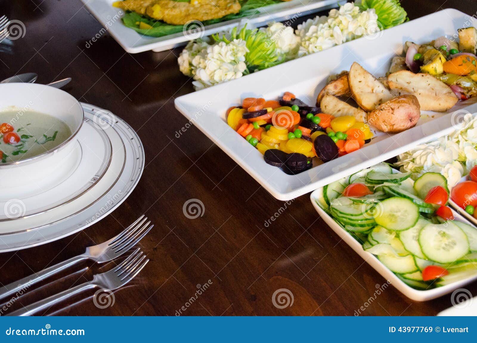 Elegant Dinner Buffet With Soup, Fish And Vegetables Stock Image