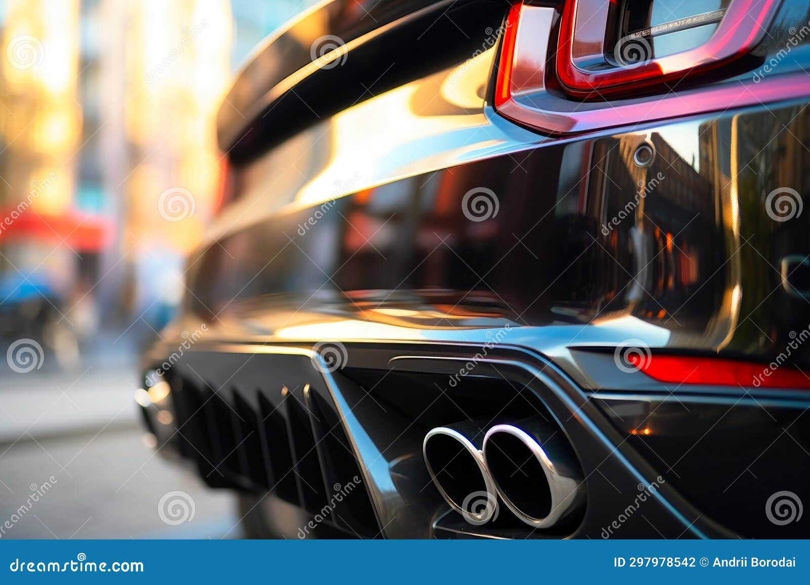 Elegant Dual Exhaust Pipe on Black Car. Stock Illustration