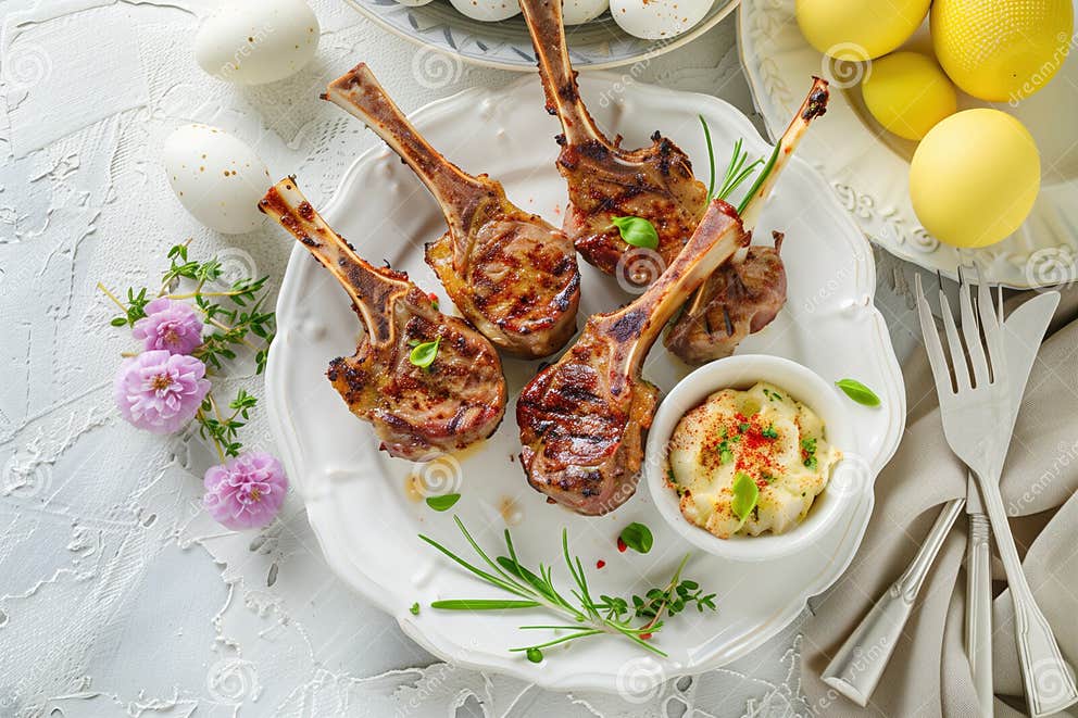 Elegant Easter Dinner with Grilled Lamb Chops and Mashed Potatoes