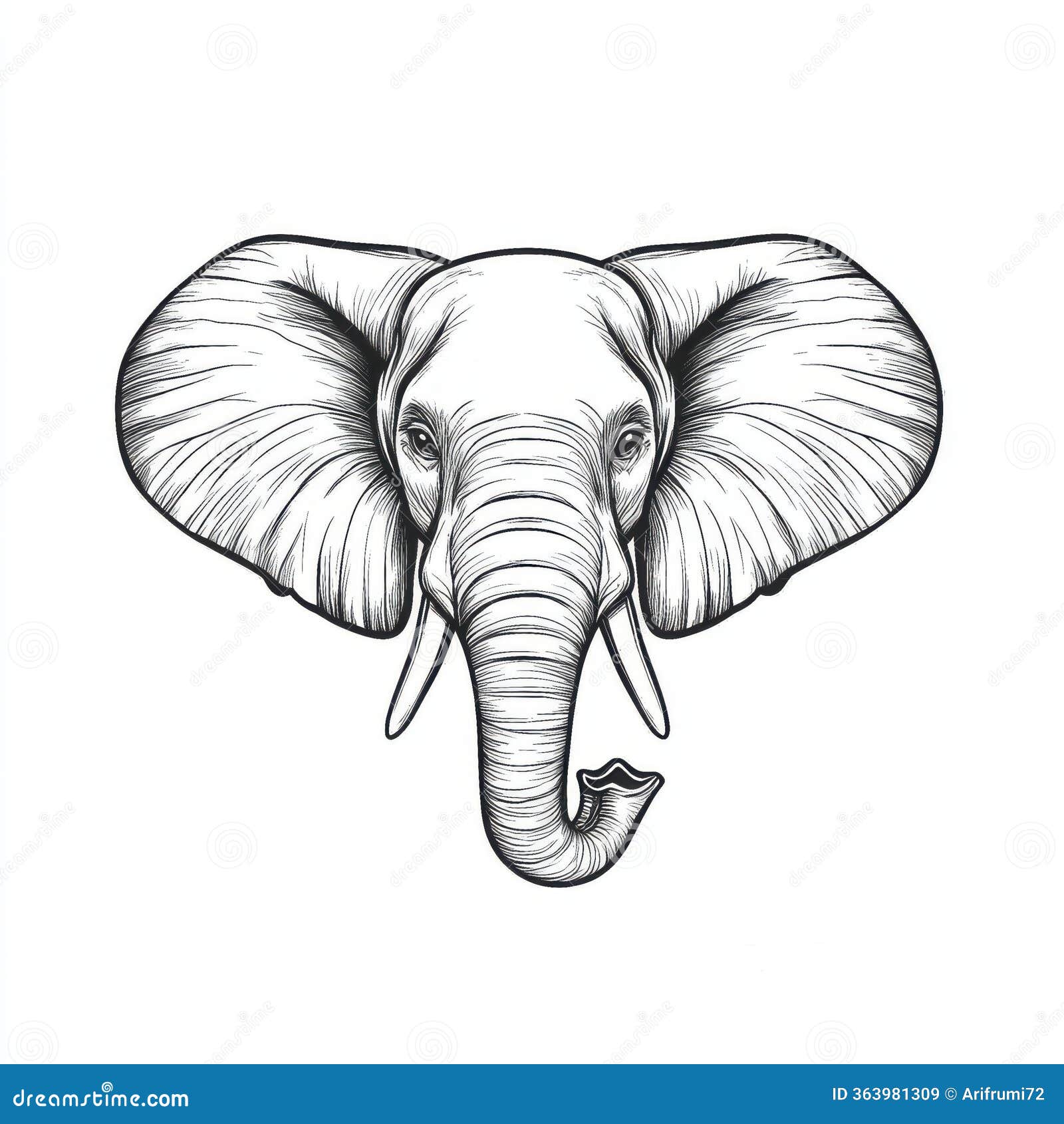 elegant elephant head ink drawing wildlife art graphic  black and white animal portrait