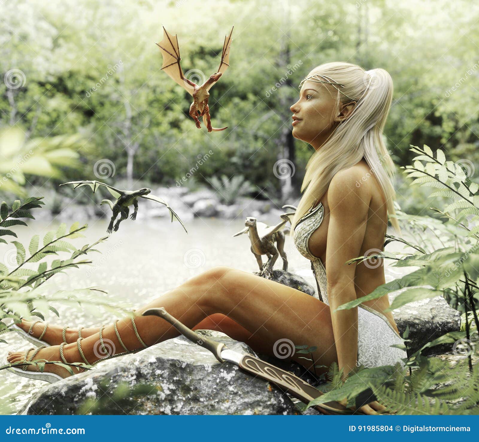 elegant elven blonde female relaxing by a mythical forest pond with her baby dragons. fantasy mythical