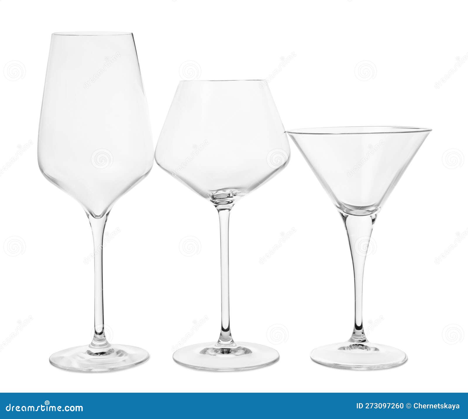 Elegant Empty Wine and Martini Glasses Isolated on White Stock Photo