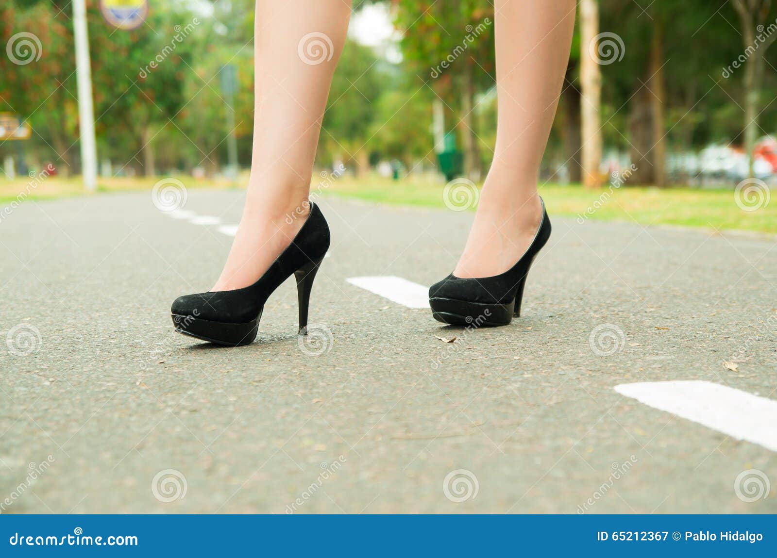 Elegant Feet Wearing Black High Heels Walking on Stock Image - Image of ...