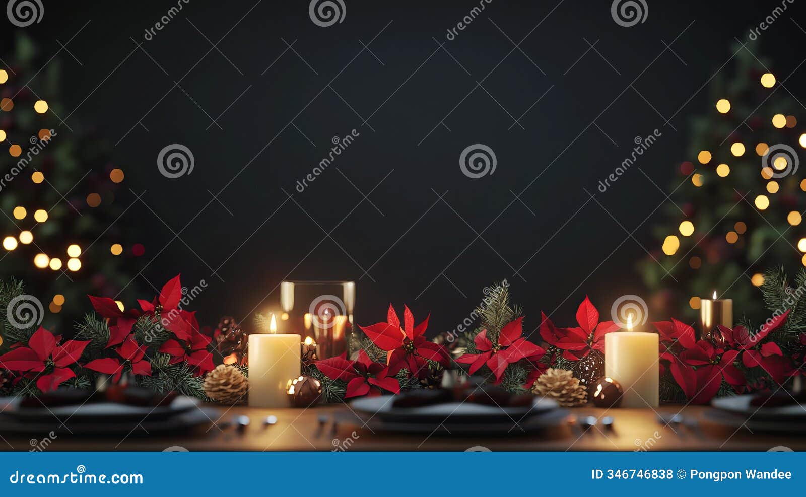 elegant festive dinner table with candles and poinsettias