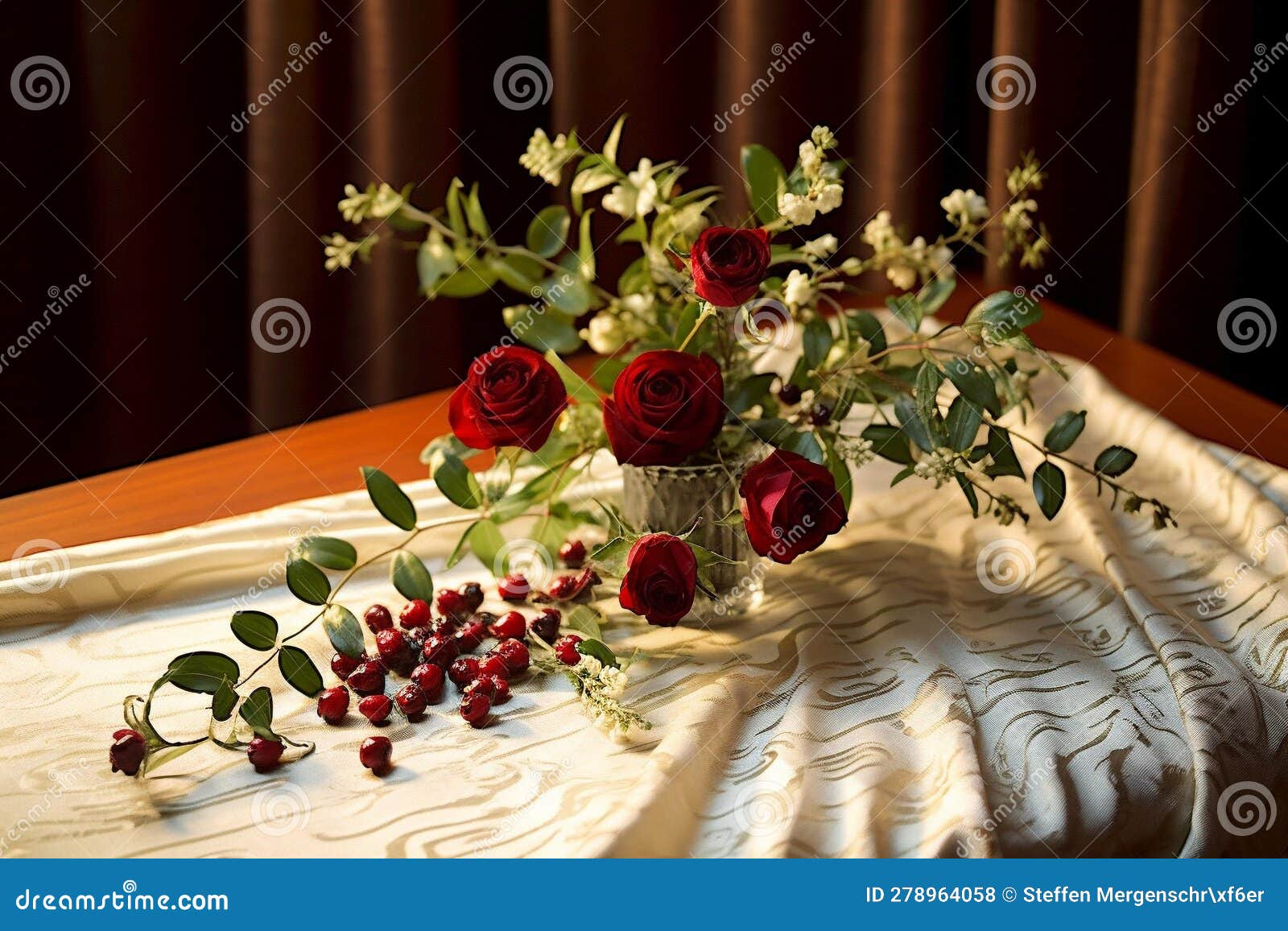 elegant floral centerpiece on velvet tablecloth