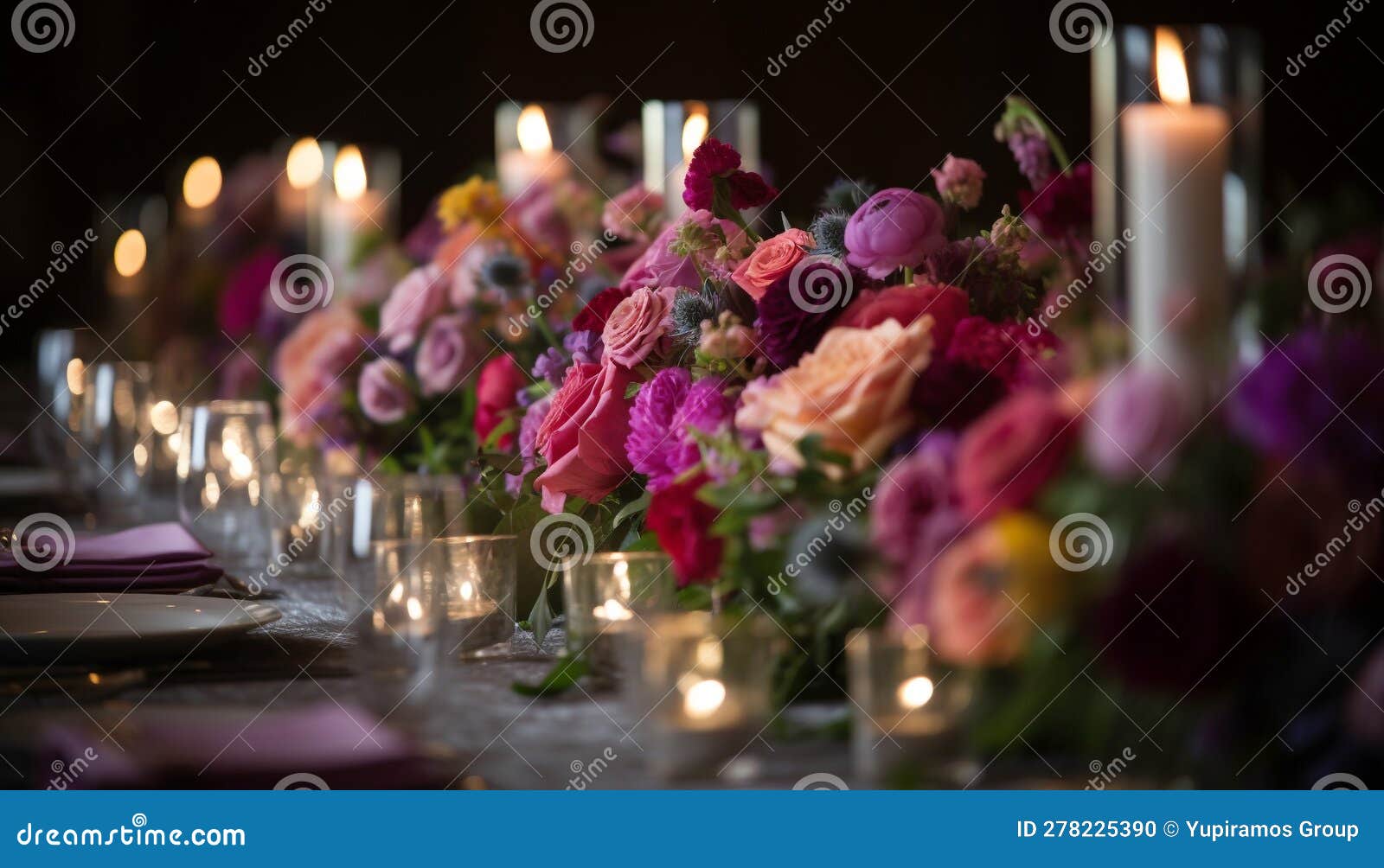 Elegant Flower Arrangement on Table for Wedding Celebration Generated