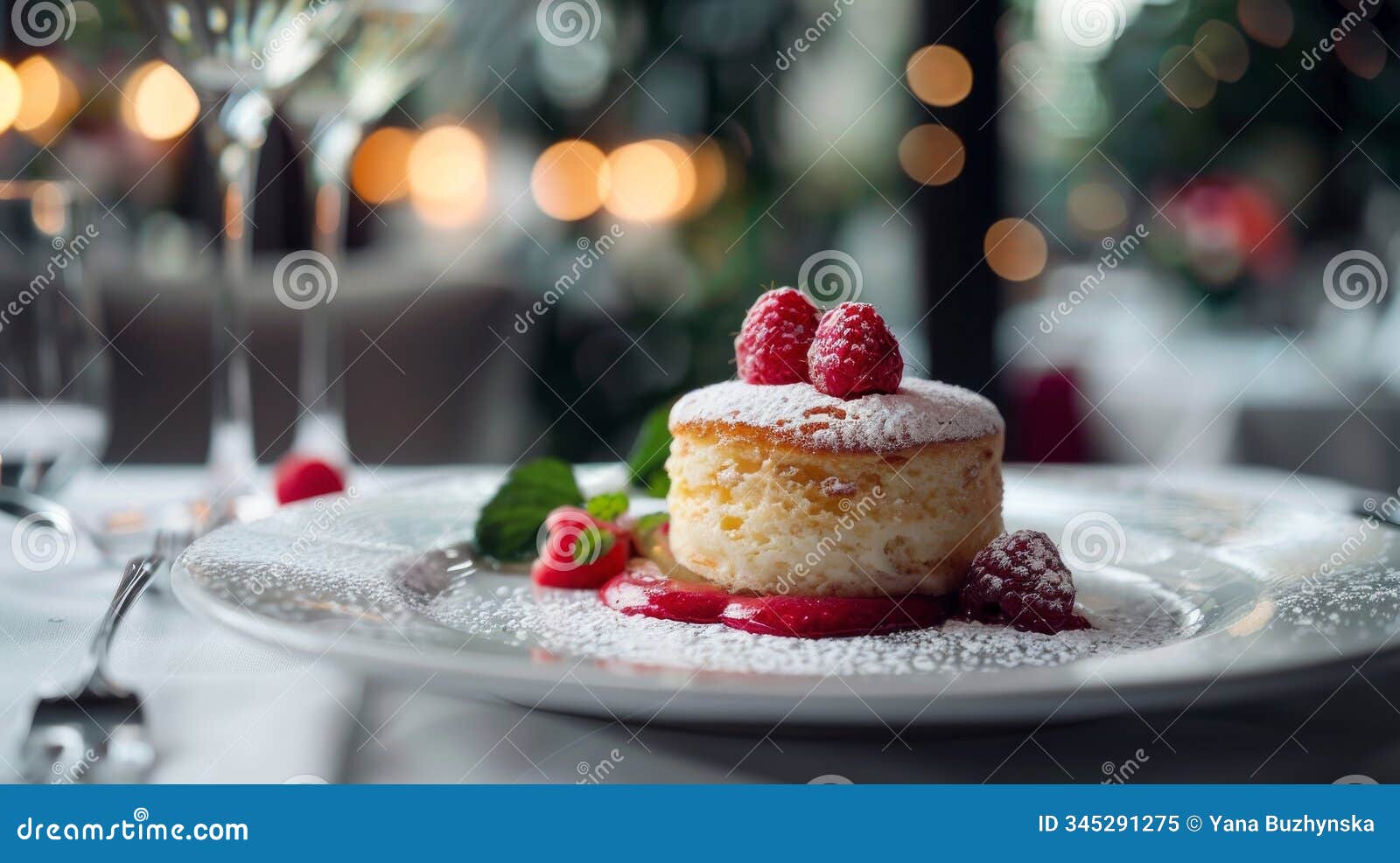 an elegant french restaurant table featuring a pistachio soufflÃÂ© with raspberry coulis and powdered sugar, set in a refined