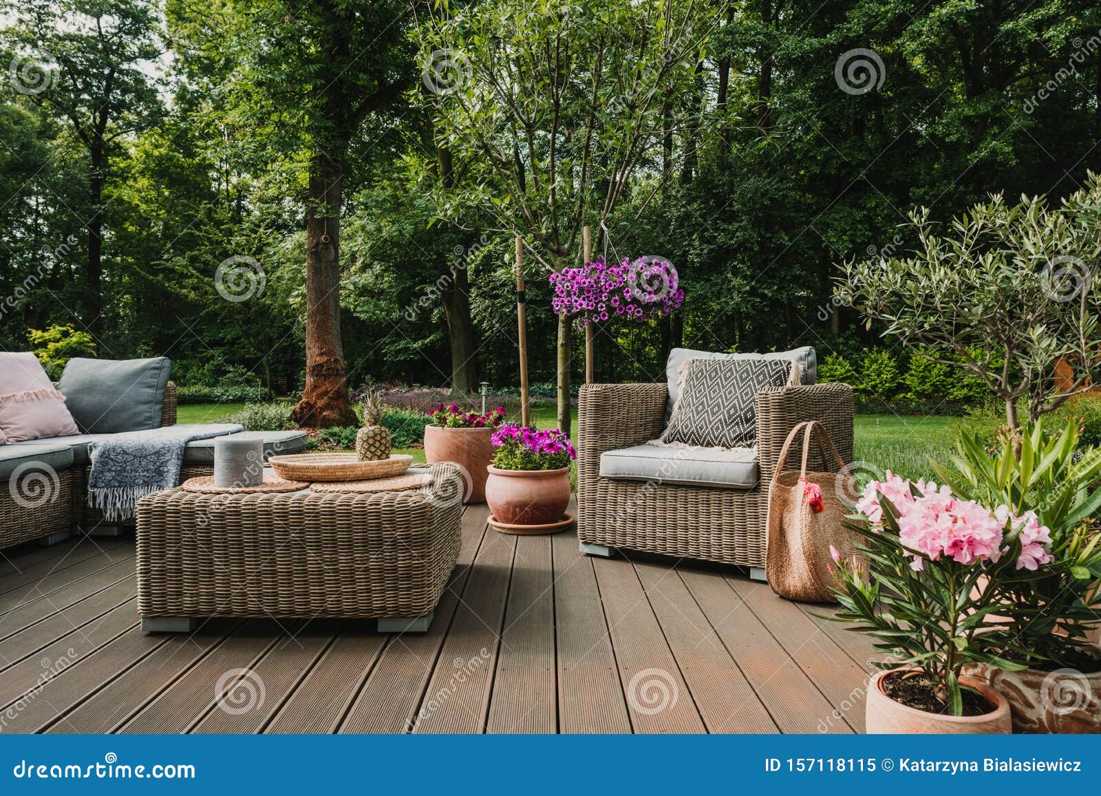 elegant garden furniture on terrace of suburban home