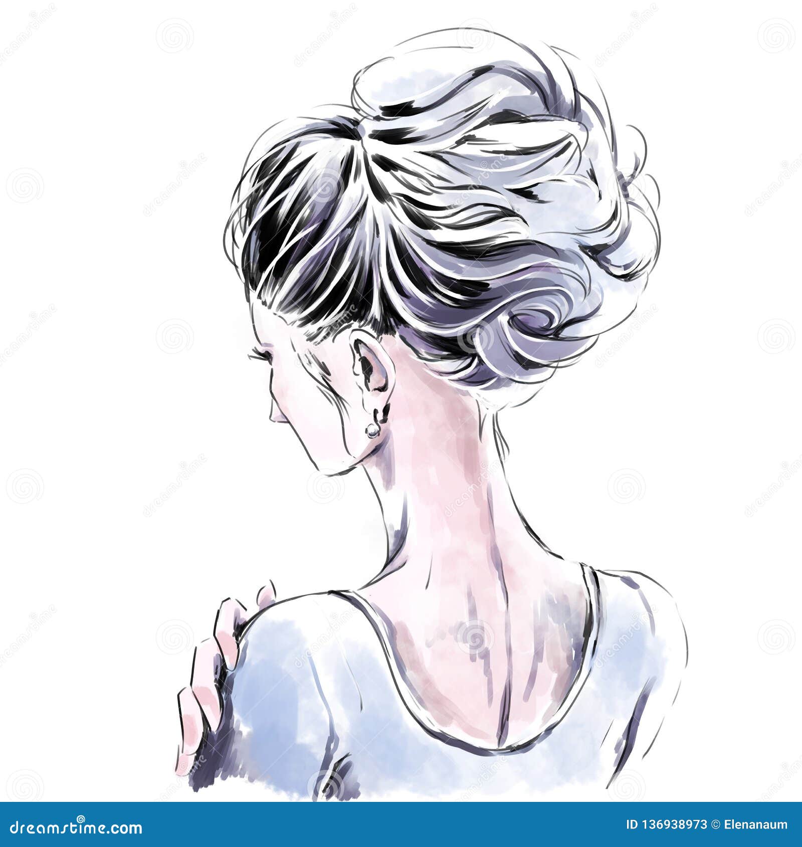 Elegant Girl with Beautiful Evening Haircut. Back View. Line Art Drawing  Stock Illustration - Illustration of hairstyle, fashion: 136938973