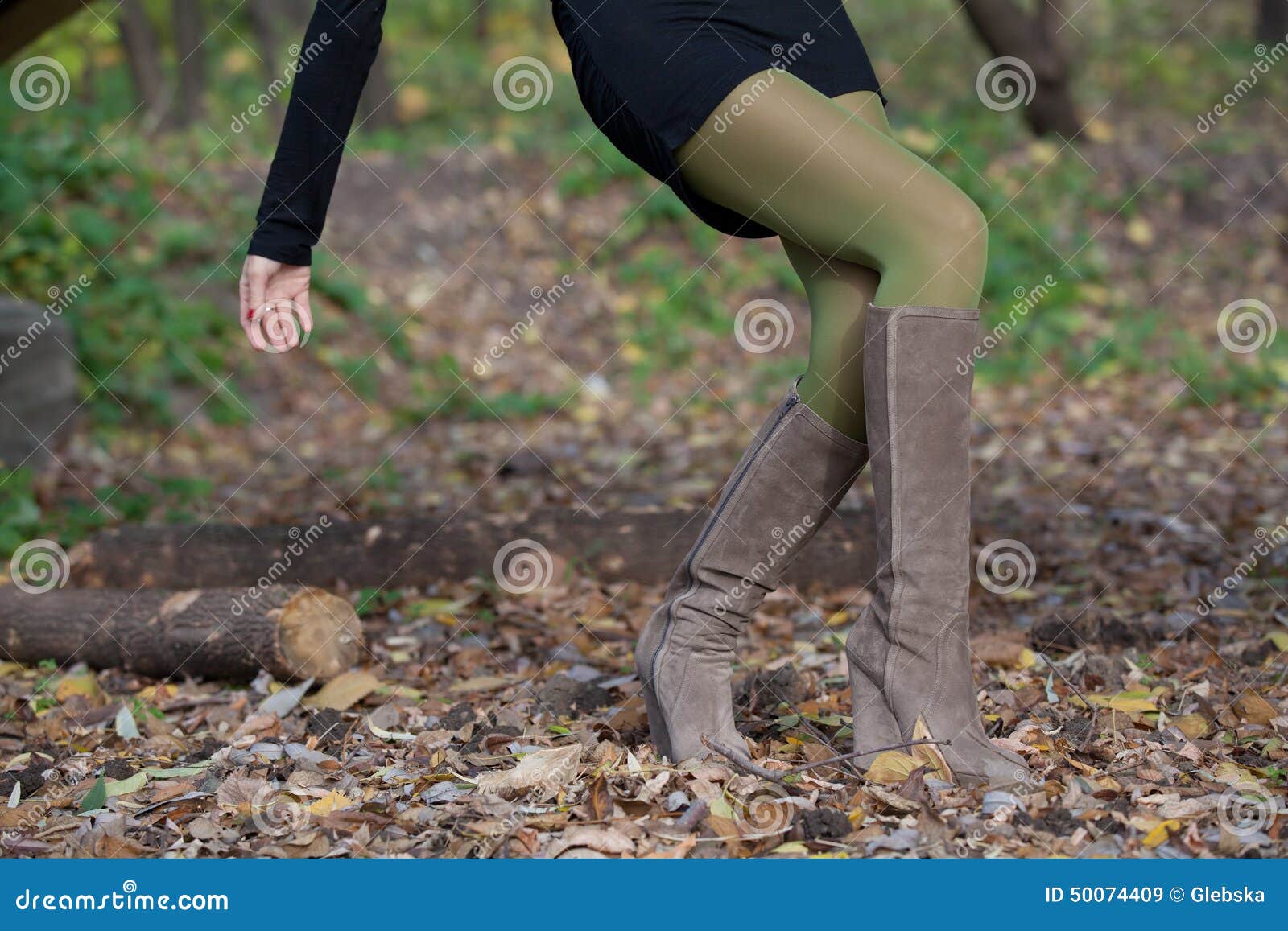 Elegant Girl in Suede Boots Walking in the Woods Stock Image - Image of ...