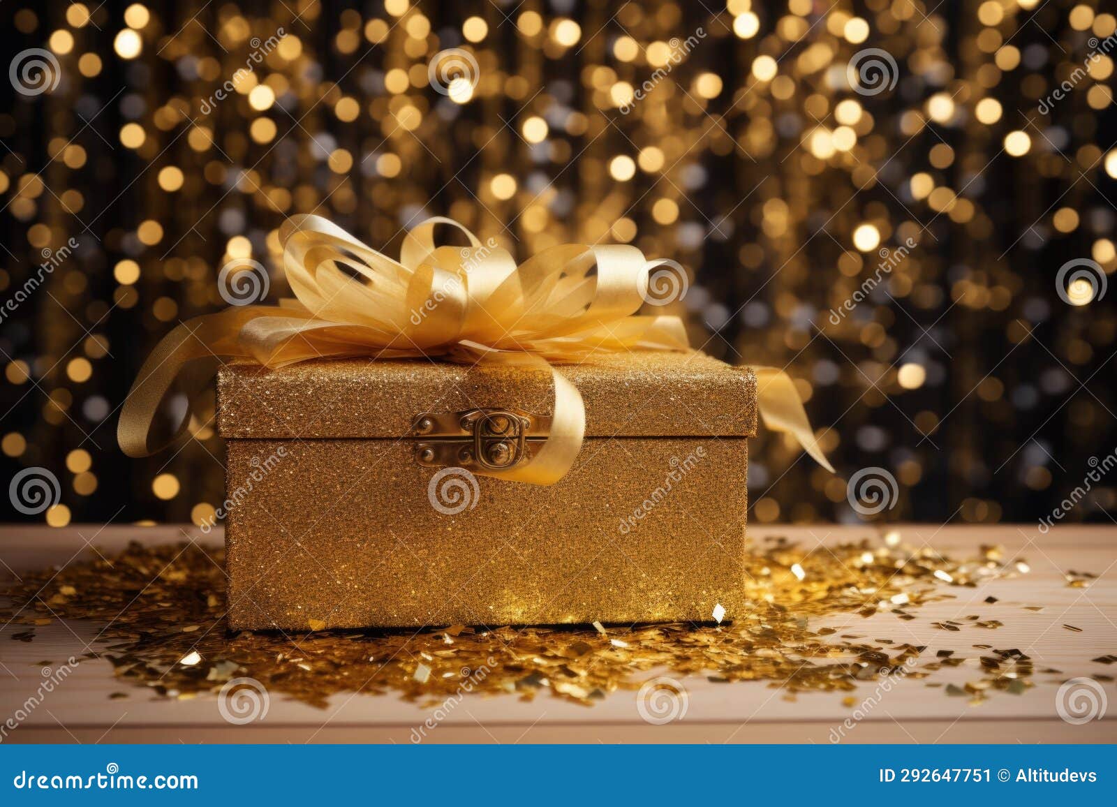 Elegant Golden Box Overflowing with Tinsel Stock Image Image of