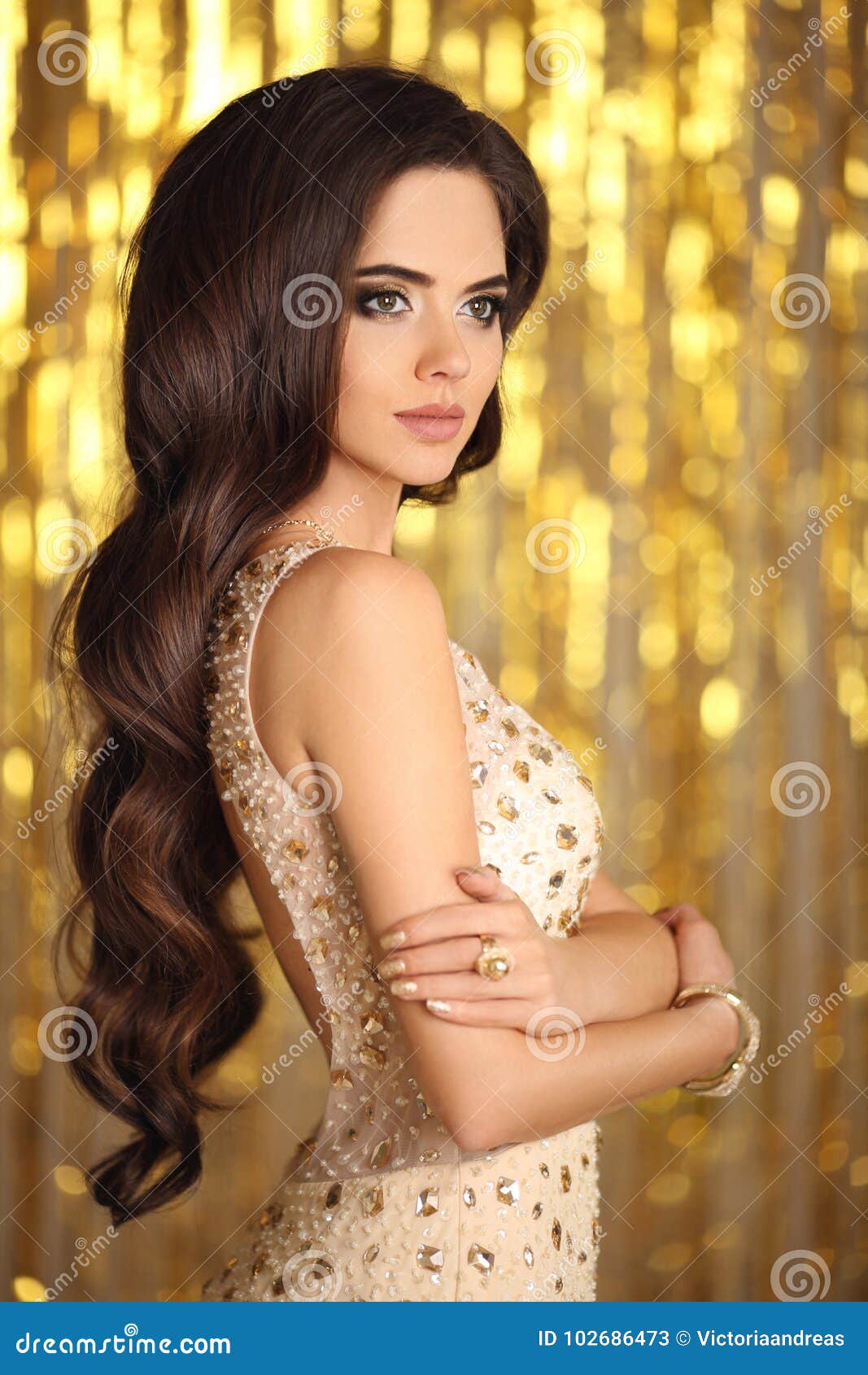 Elegant Gorgeous Brunette In Beige Evening Dress Fashion