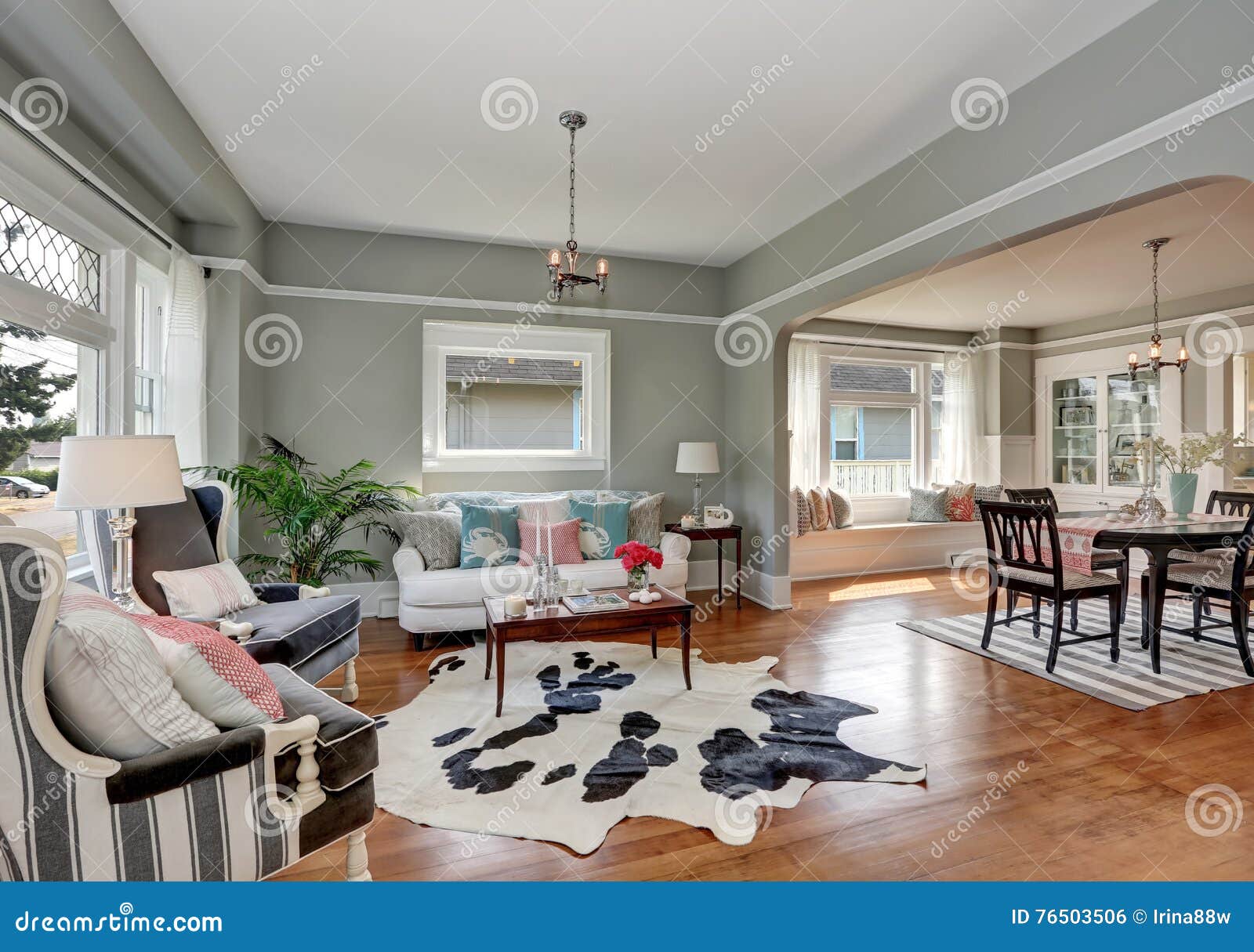 Elegant Gray Living Room With Nice Interior Design Stock Photo
