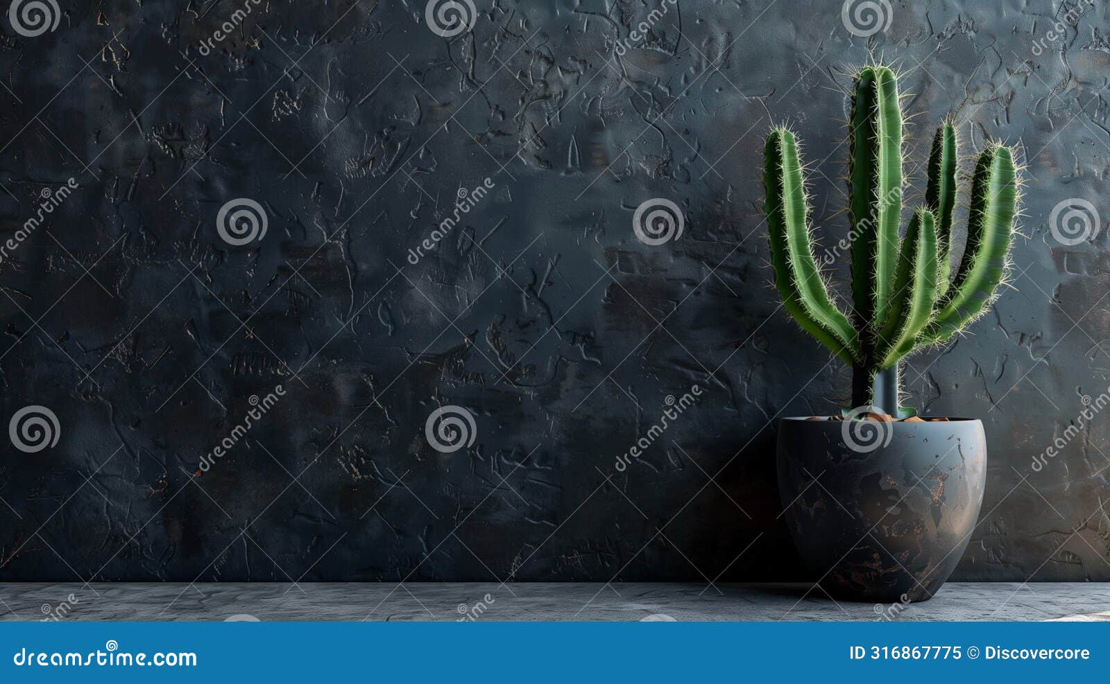 elegant green cactus in dark textured planter on moody background