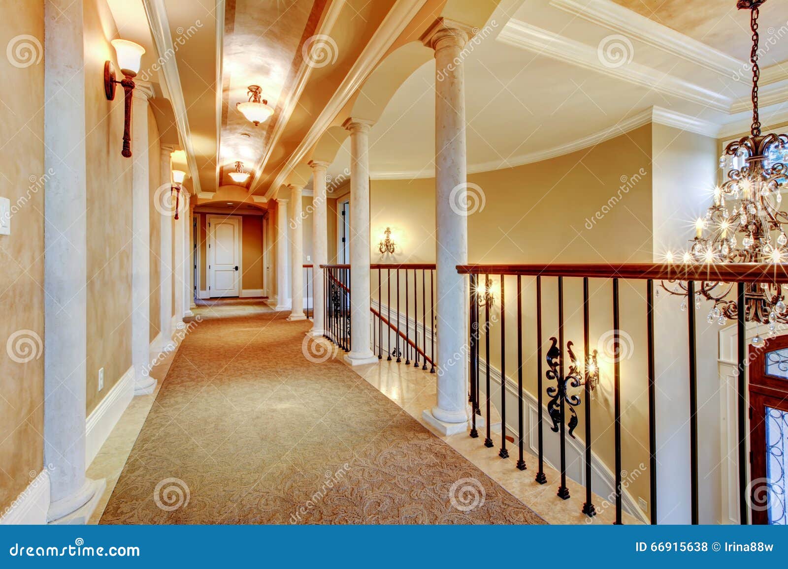 Elegant Hallway with Black Railing. Stock Photo Image of bright