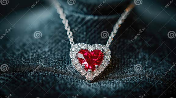 Elegant Heart-shaped Diamond Necklace Featuring a Striking Red Stone at ...