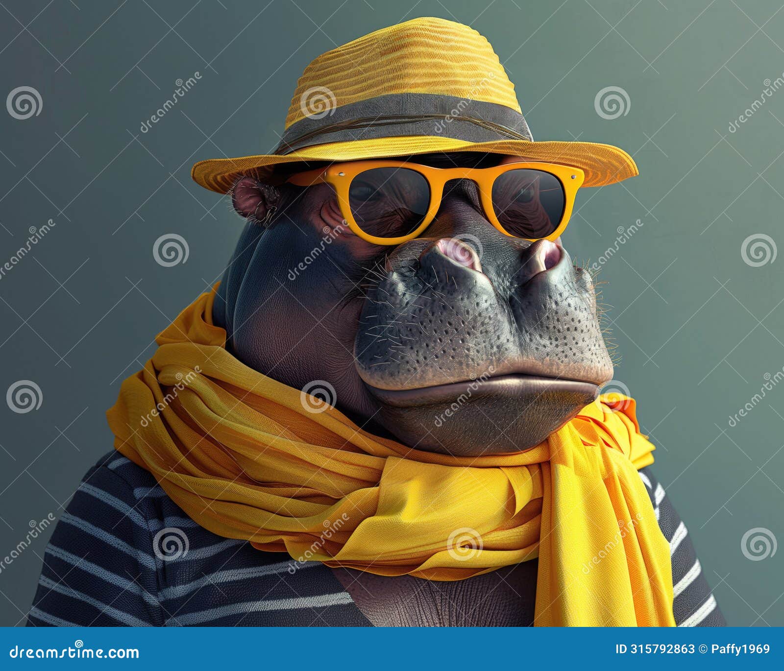 elegant hippo with bright yellow neck scarf, sunglasses and sunhat, ready for vacations