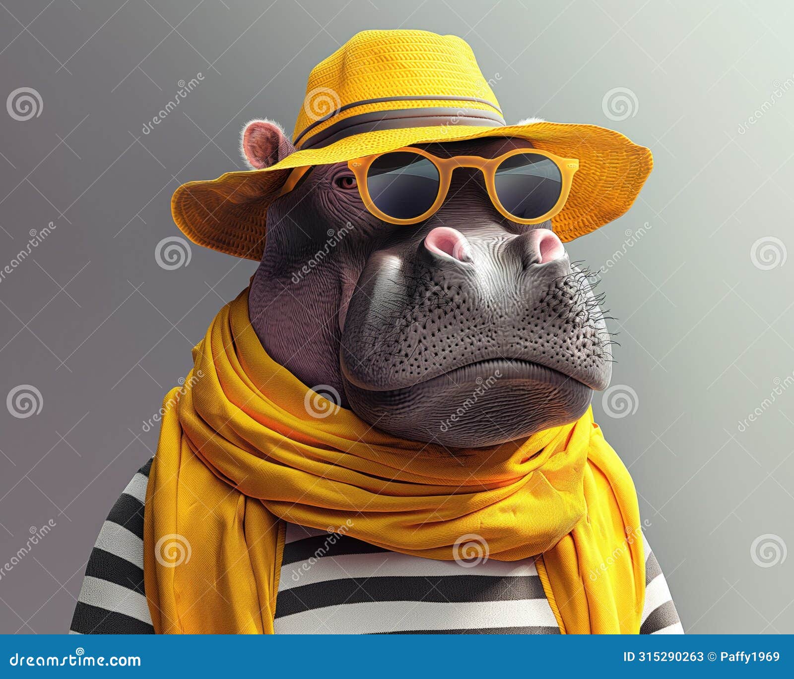 elegant hippopotamus with stylish neck scarf, sunglasses and sunhat, ready for marine vacations.