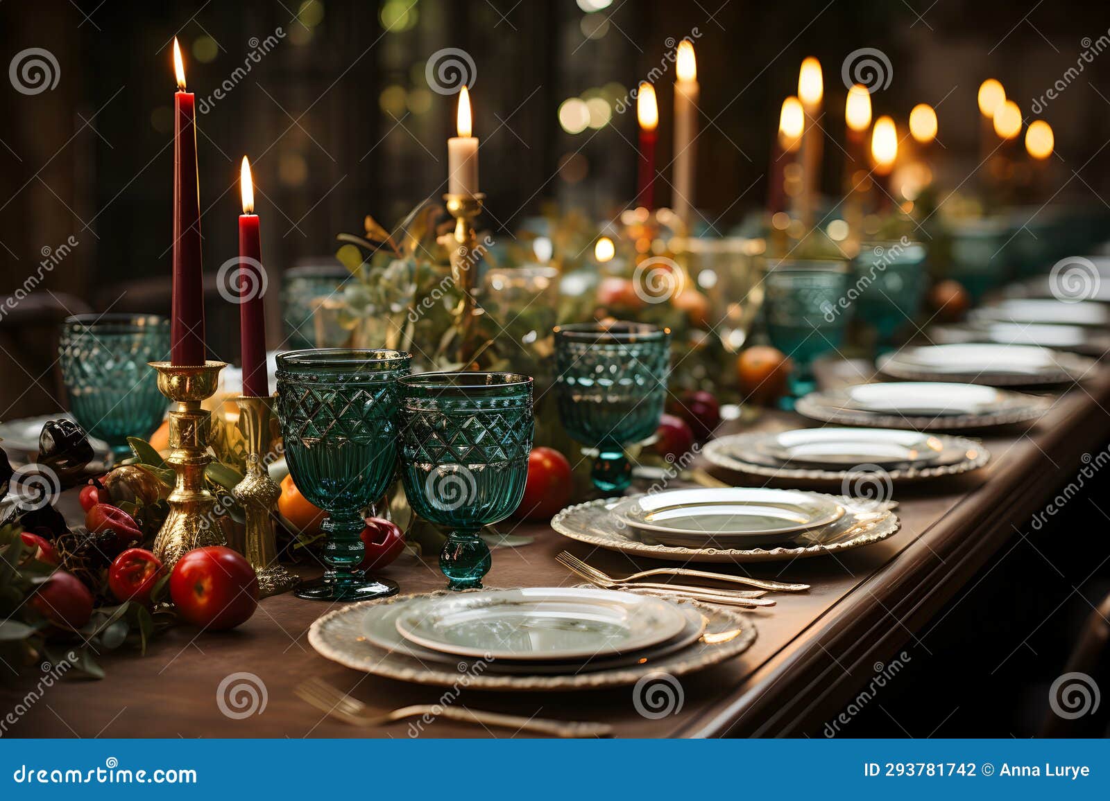 An Elegant Holiday Table Set for a Christmas Feast, with Candles and