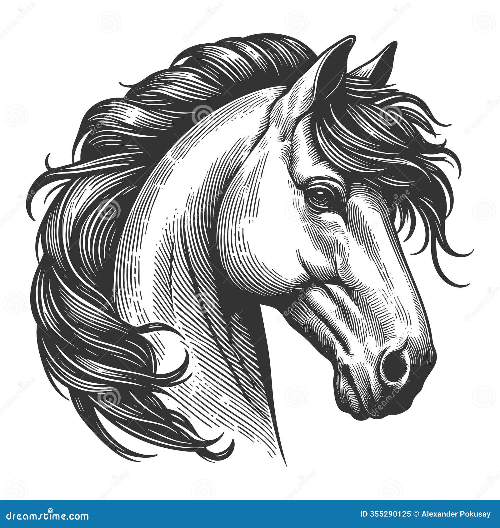 elegant horse head engraving sketch 