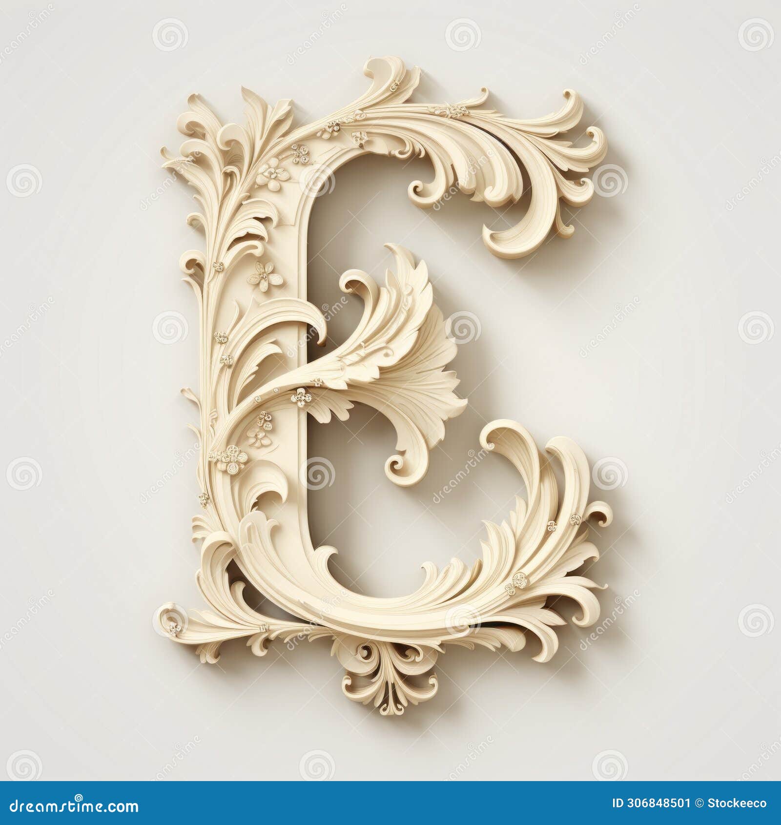 elegant ivory letter e in vray tracing style