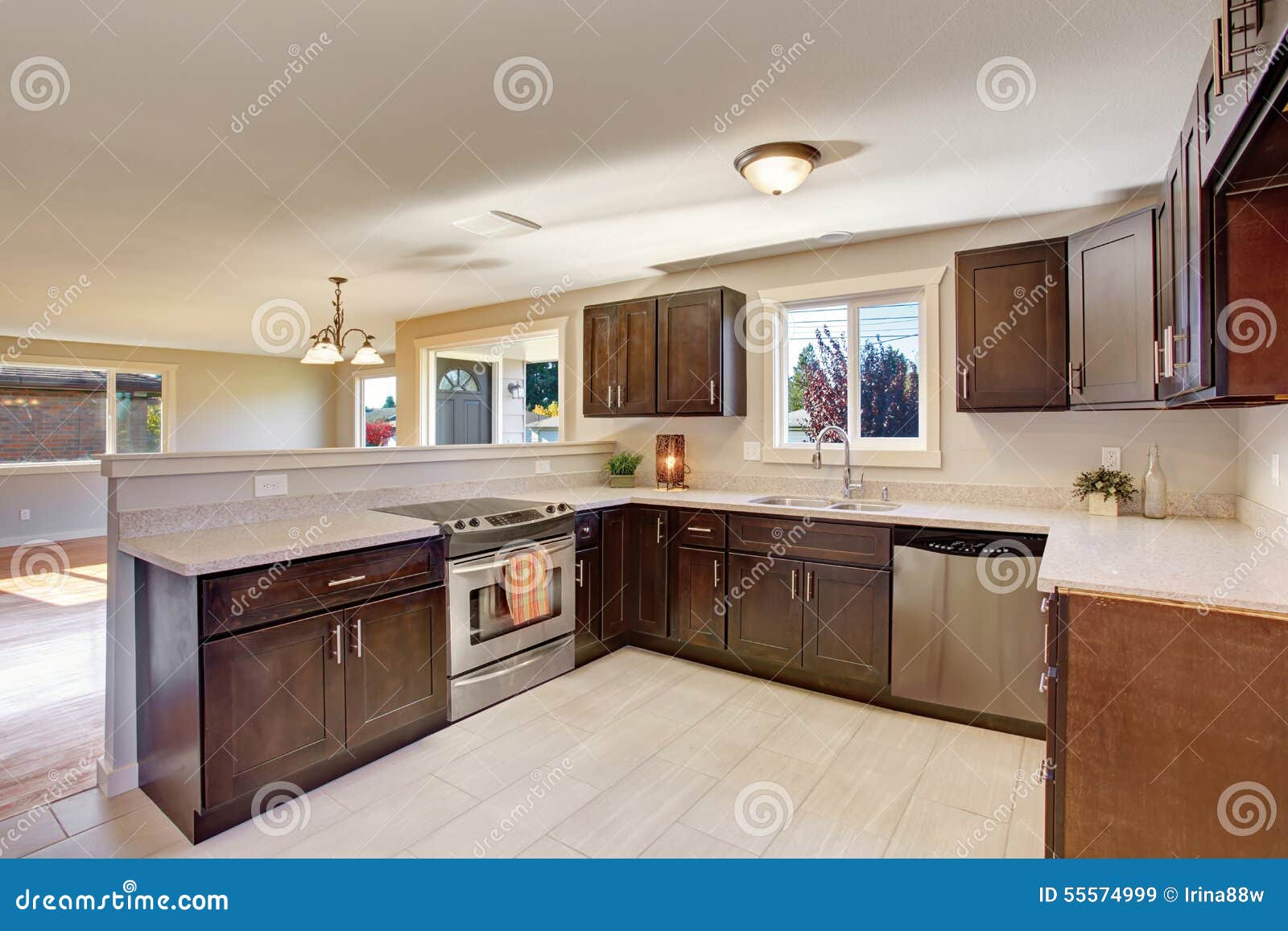 Efficient Compact Kitchen Design With Honey Stained Kitchen Cabinets Stock  Photo - Download Image Now - iStock