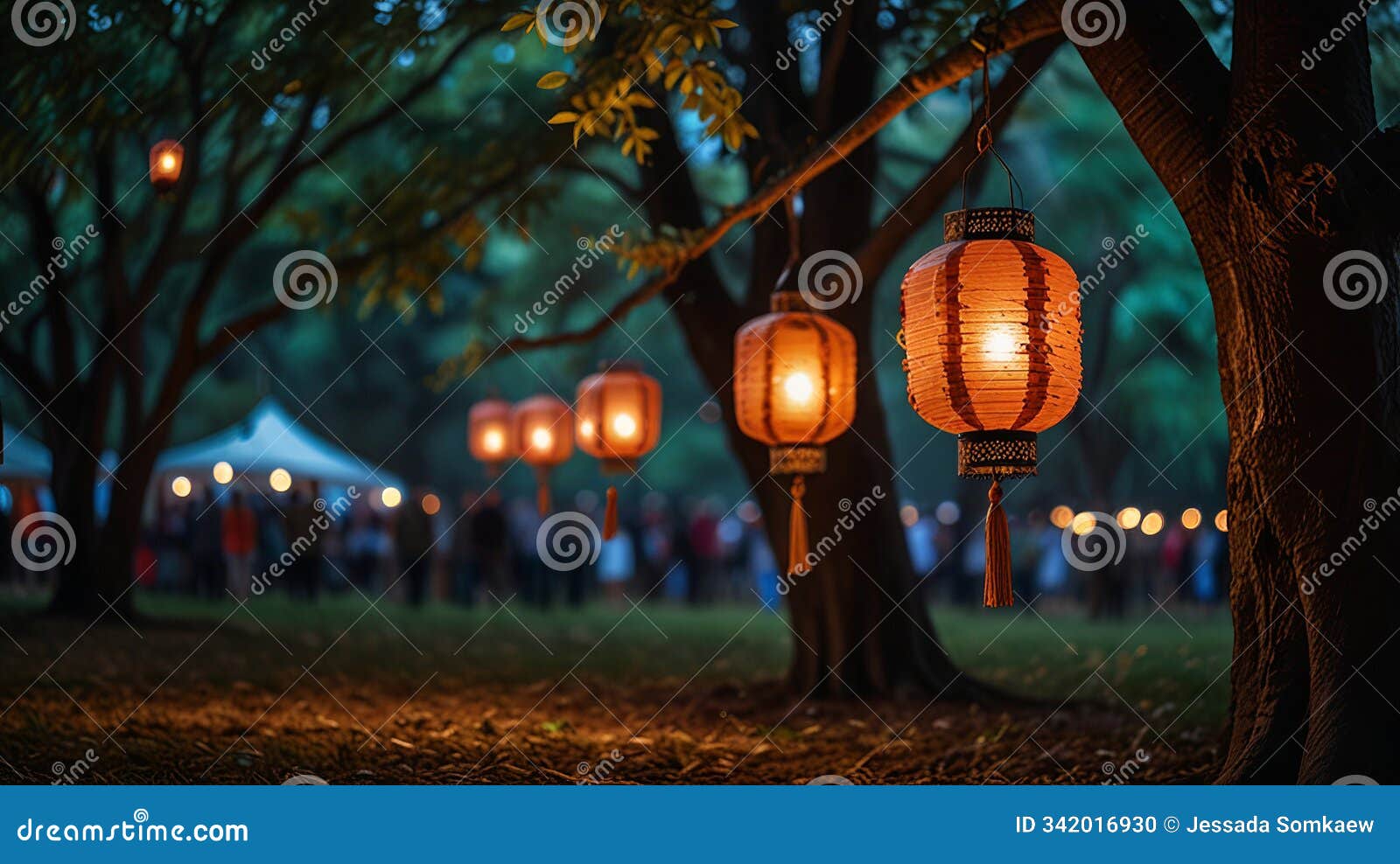 elegant lanterns hanging amidst lush greenery