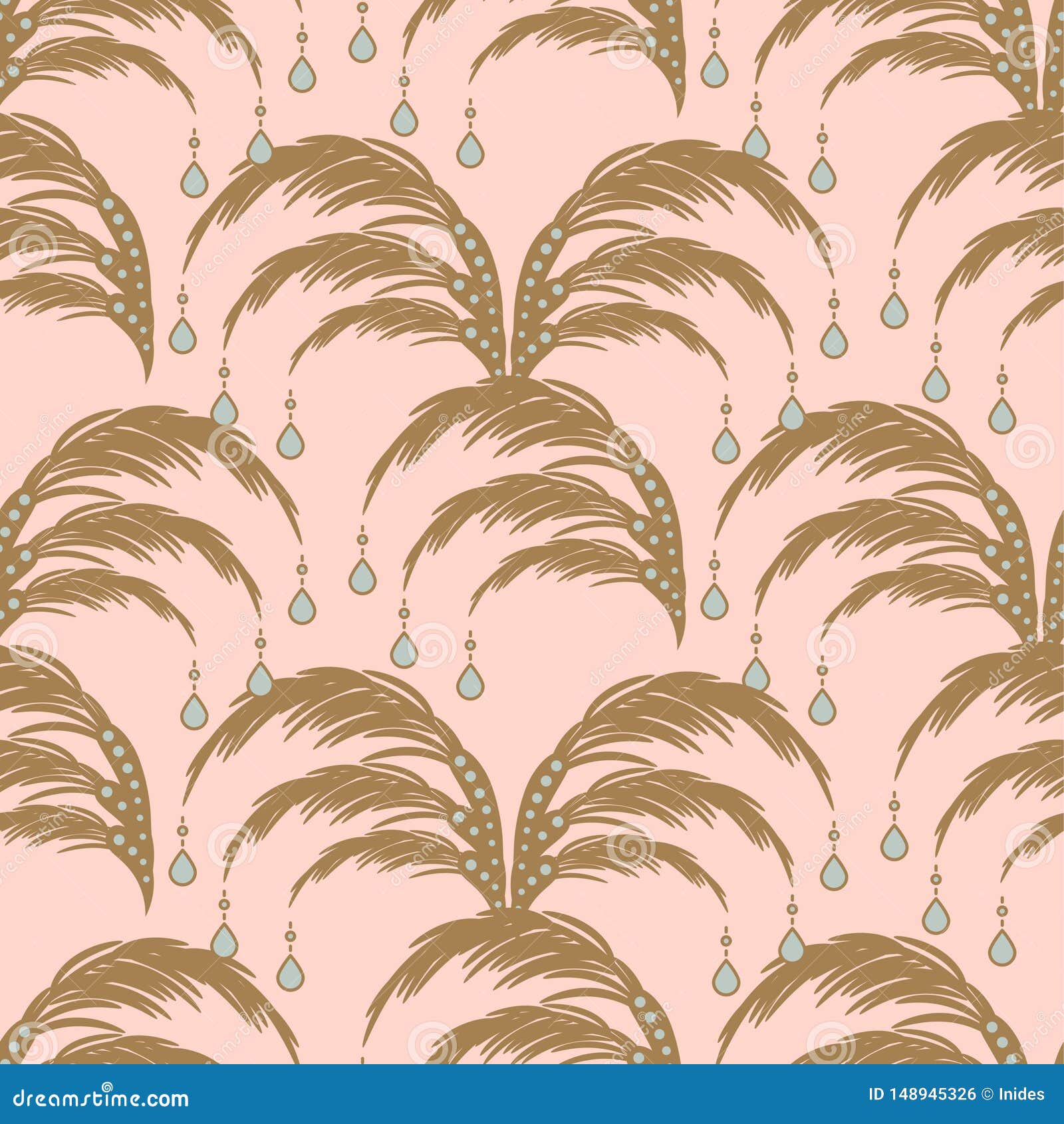 Elegant Leaves Seamless Vector Pattern. Palm Leaf with Gem Drops