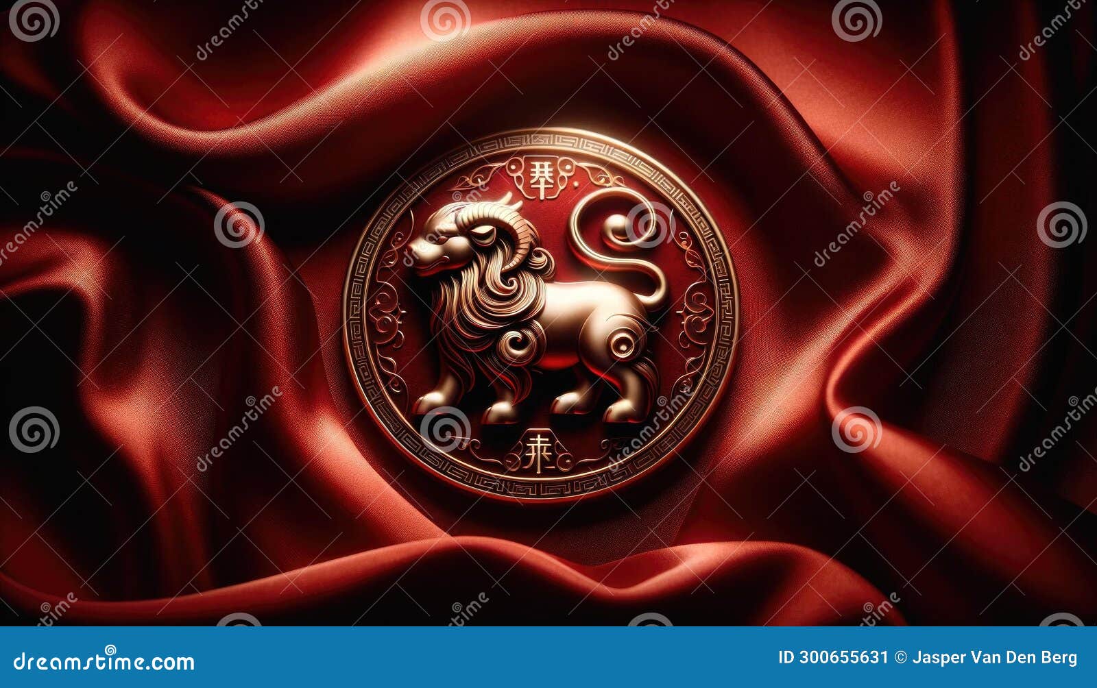 elegant lion emblem on red silk fabric, ai generated