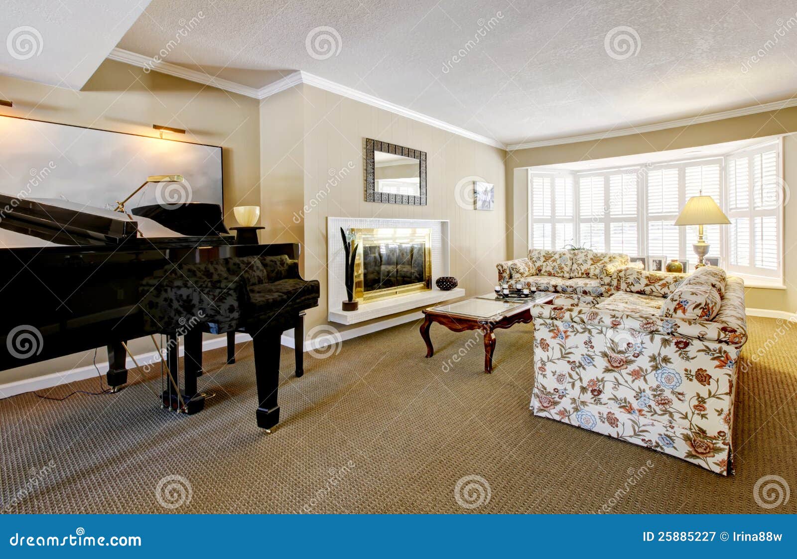 Elegant Living Room Interior with Piano Stock Image Image of brown