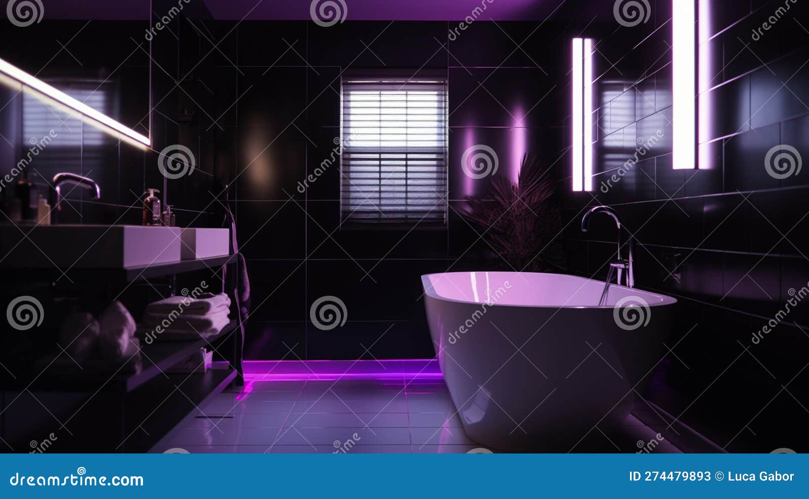 Elegant Luxury Black Bathroom with Purple Lights Stock Illustration - Illustration of painting ...