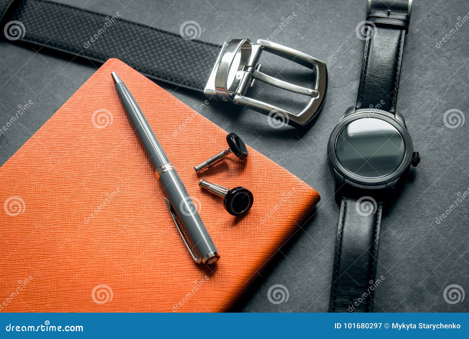 Elegant Men`s Business Accessories. Black Watches, Belt, Notepad, Pen,  Cufflinks.â€¨ Stock Image - Image of gadgets, accessory: 101680297