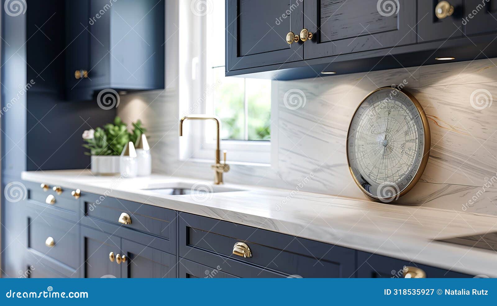 Elegant Modern Kitchen with Navy Blue Gold Hardware, and a
