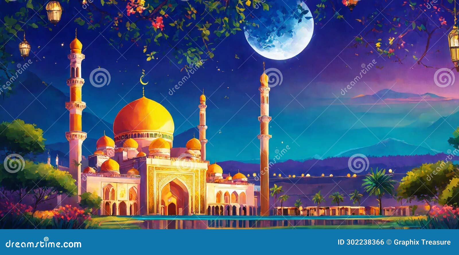 elegant mosque on eid night. beautiful ramadan kareem background with mosque.