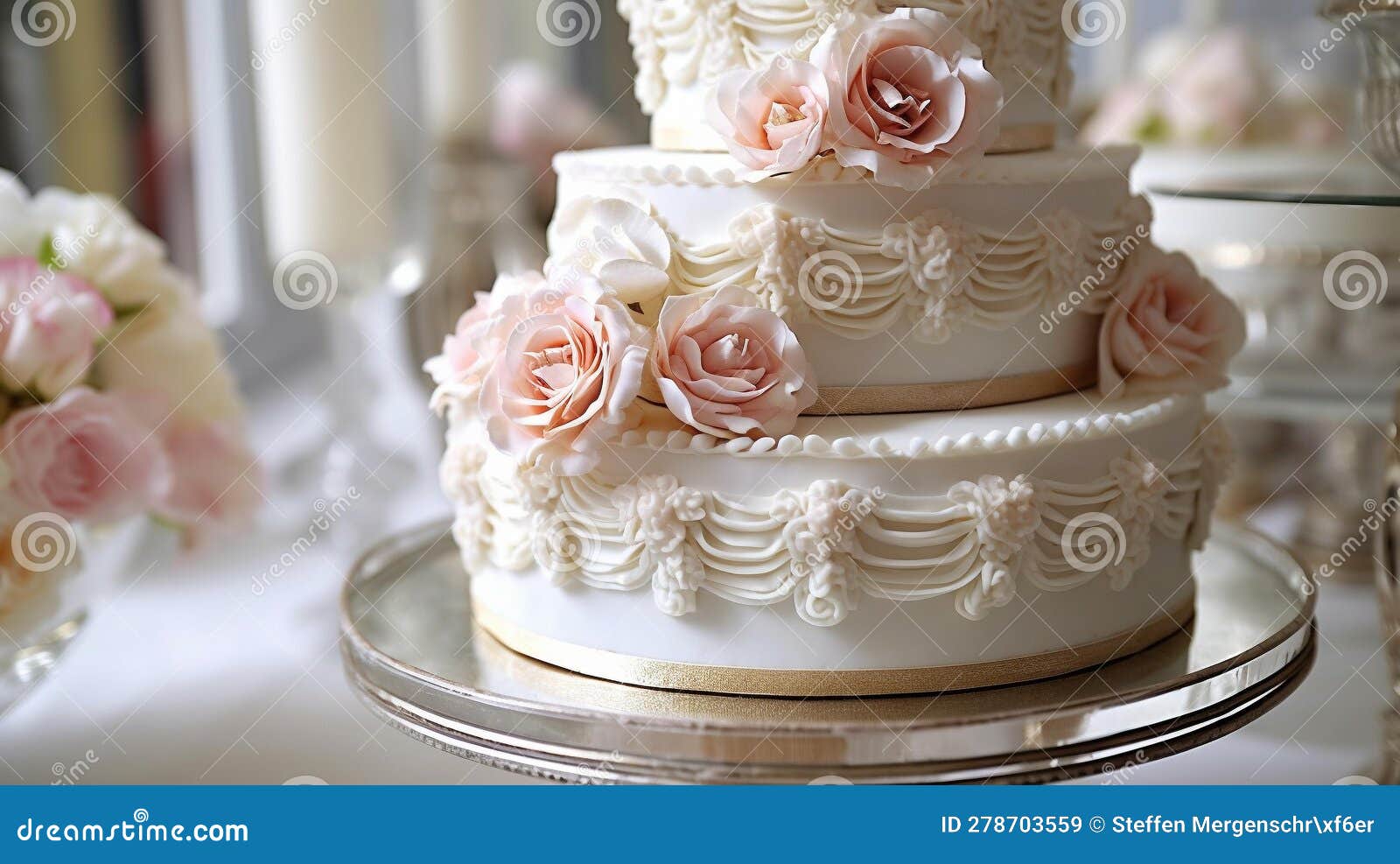 elegant multi-tiered wedding cake with fondant flowers