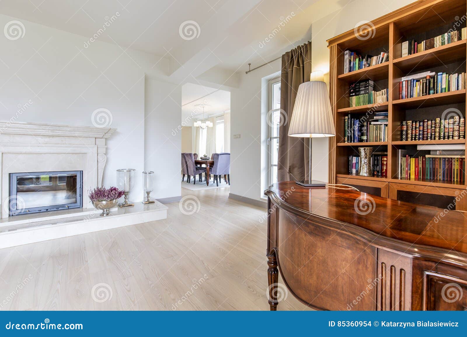 Elegant Office With Hardwood Desk And Bookcase Stock Photo Image