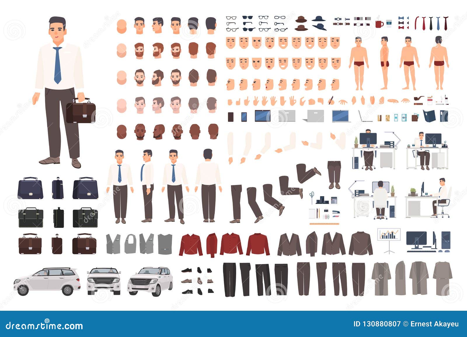 elegant office worker or clerk creation set or diy kit. collection of body parts, stylish business clothes, faces