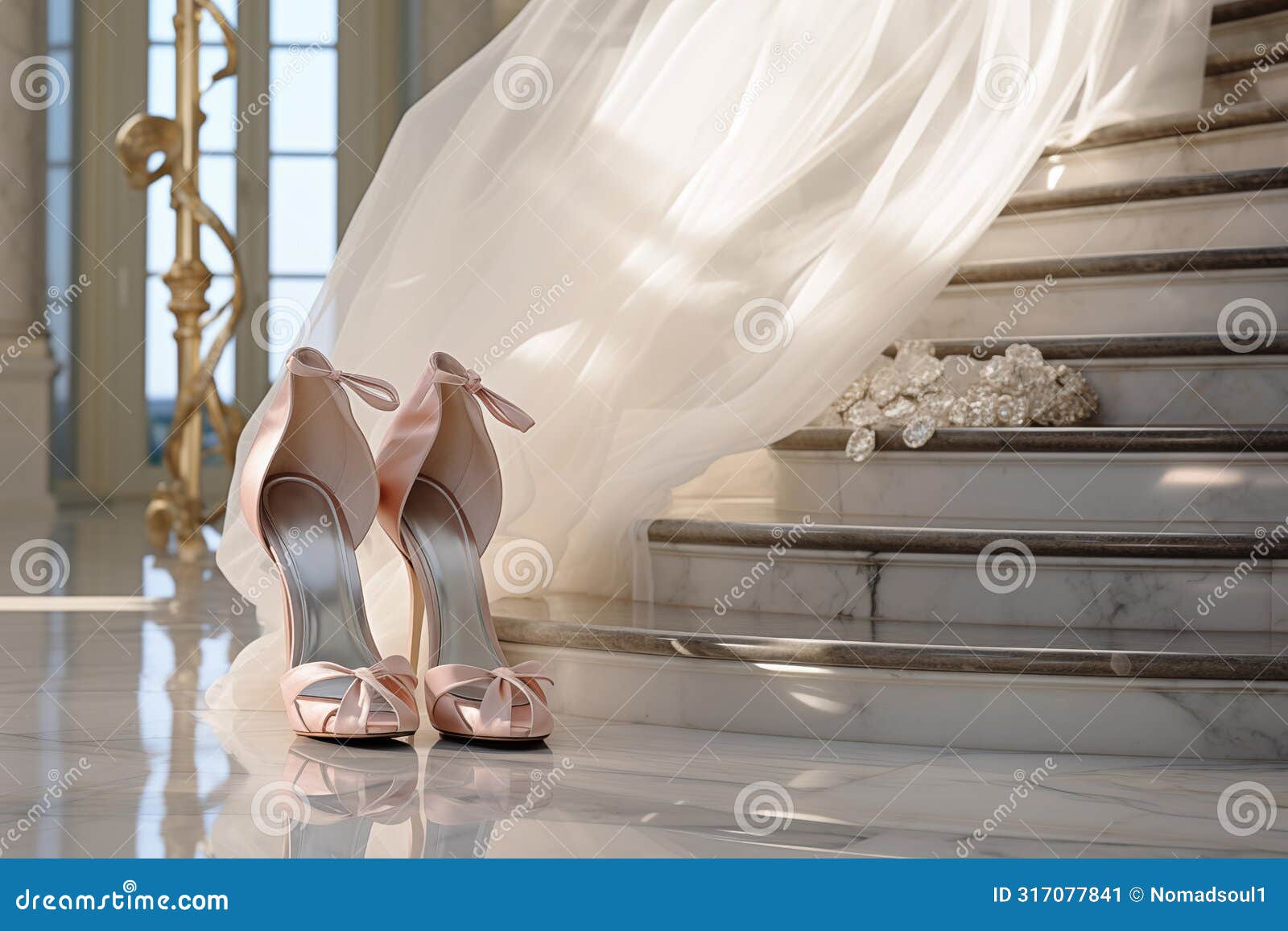 elegant pair of er high-heels shoes positioned on marble staircase. generative ai
