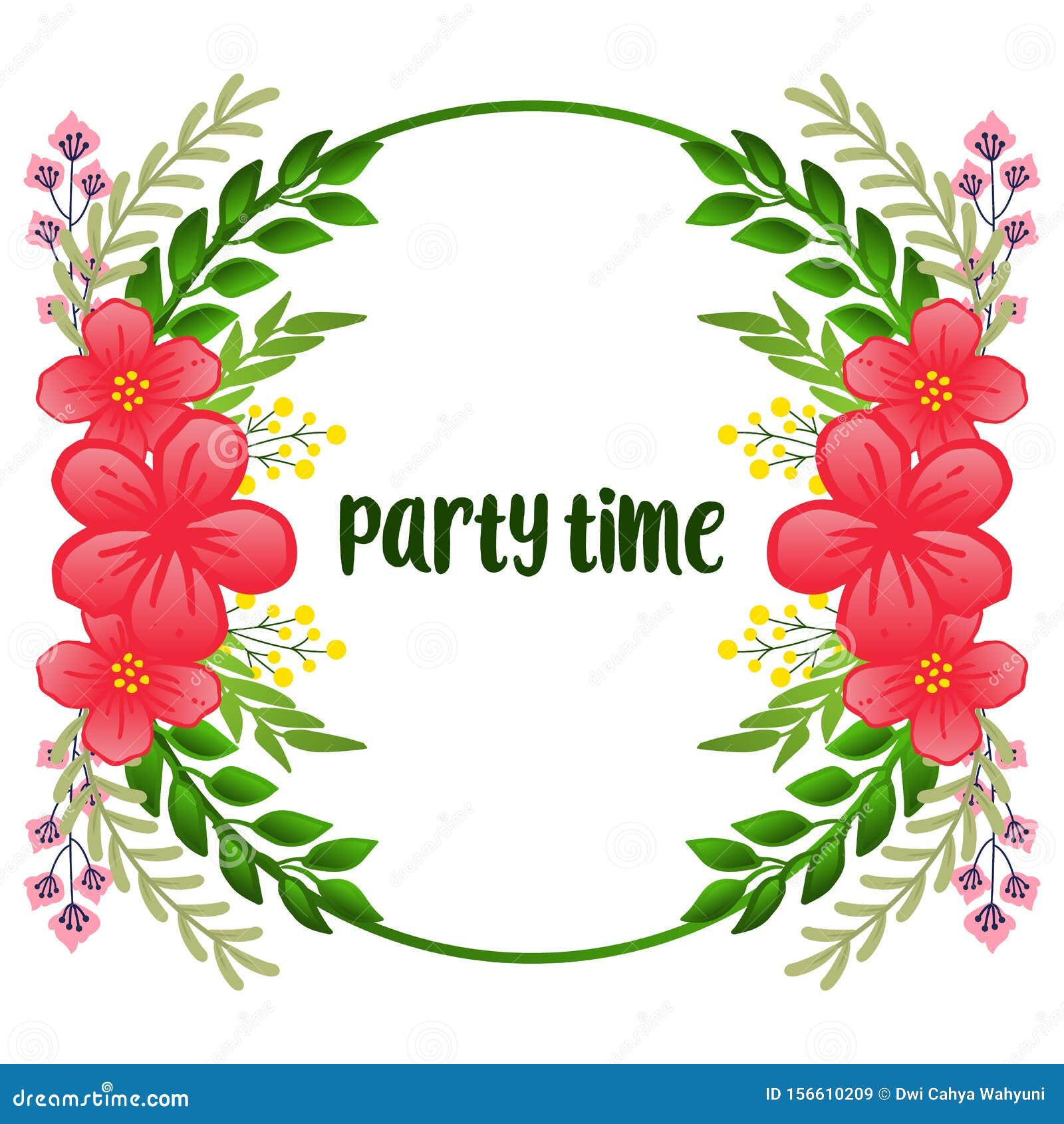 elegant party time card, with green leafy flower frame,  on white background. 