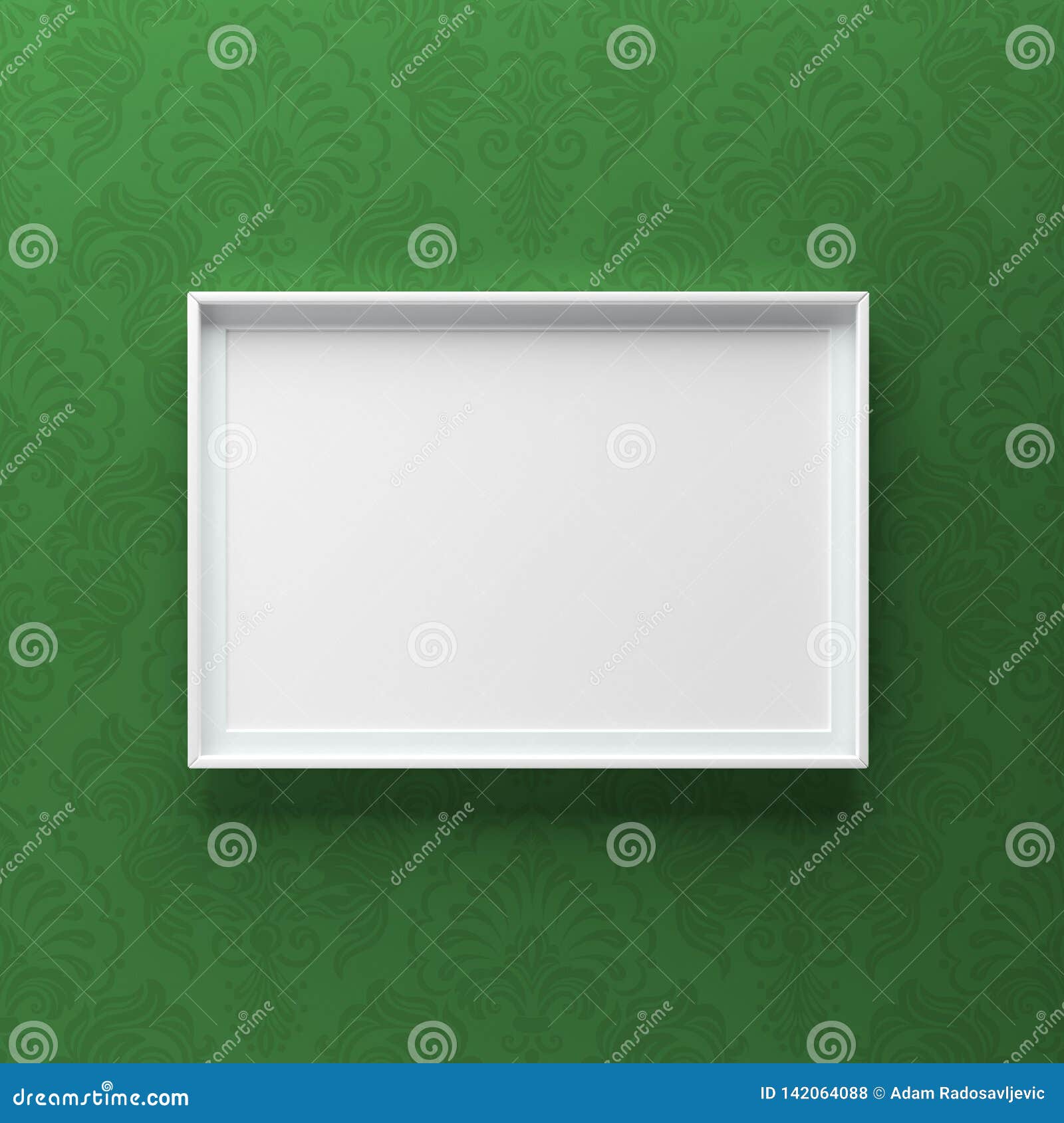 Elegant Picture Frame Standing on Gray Wall with Green Pattern Stock