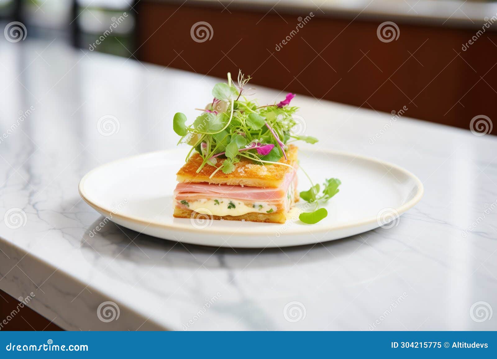 elegant plating of croque monsieur at a high-end brasserie