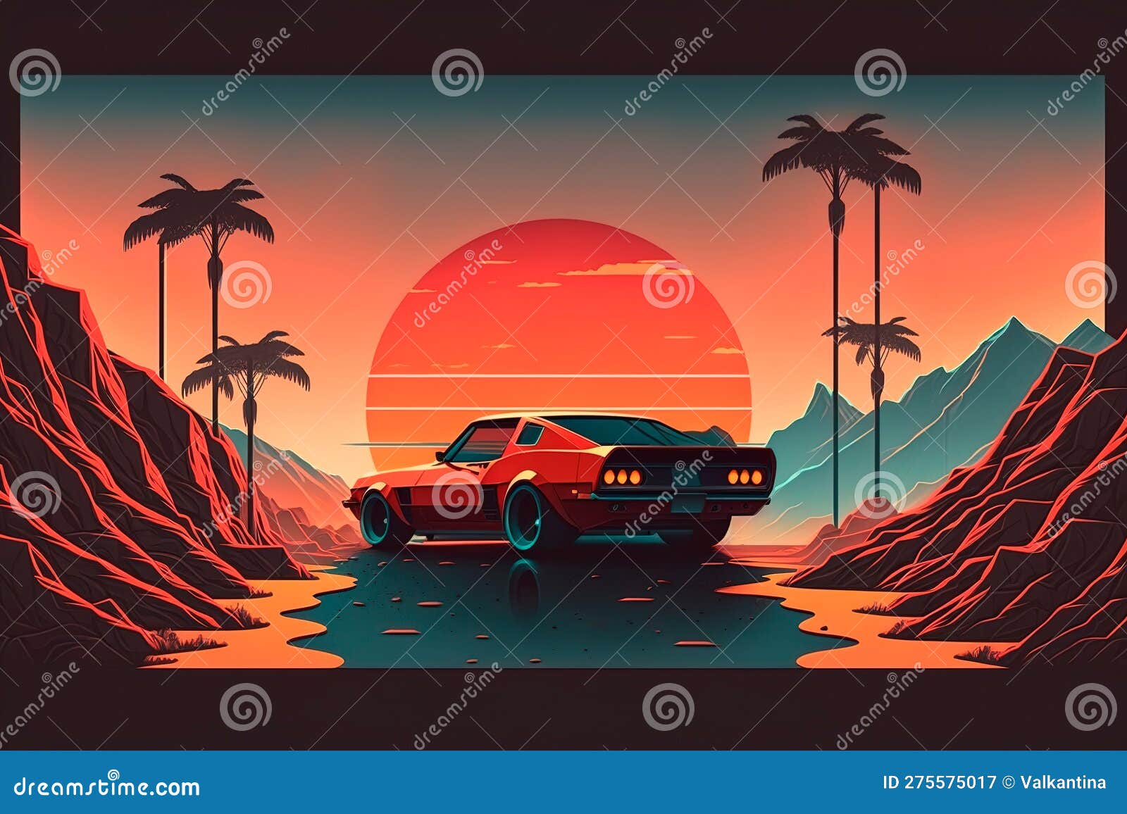 elegant red sports coupe on the sunset background. concept of car trip, vacation, rest. generative ai