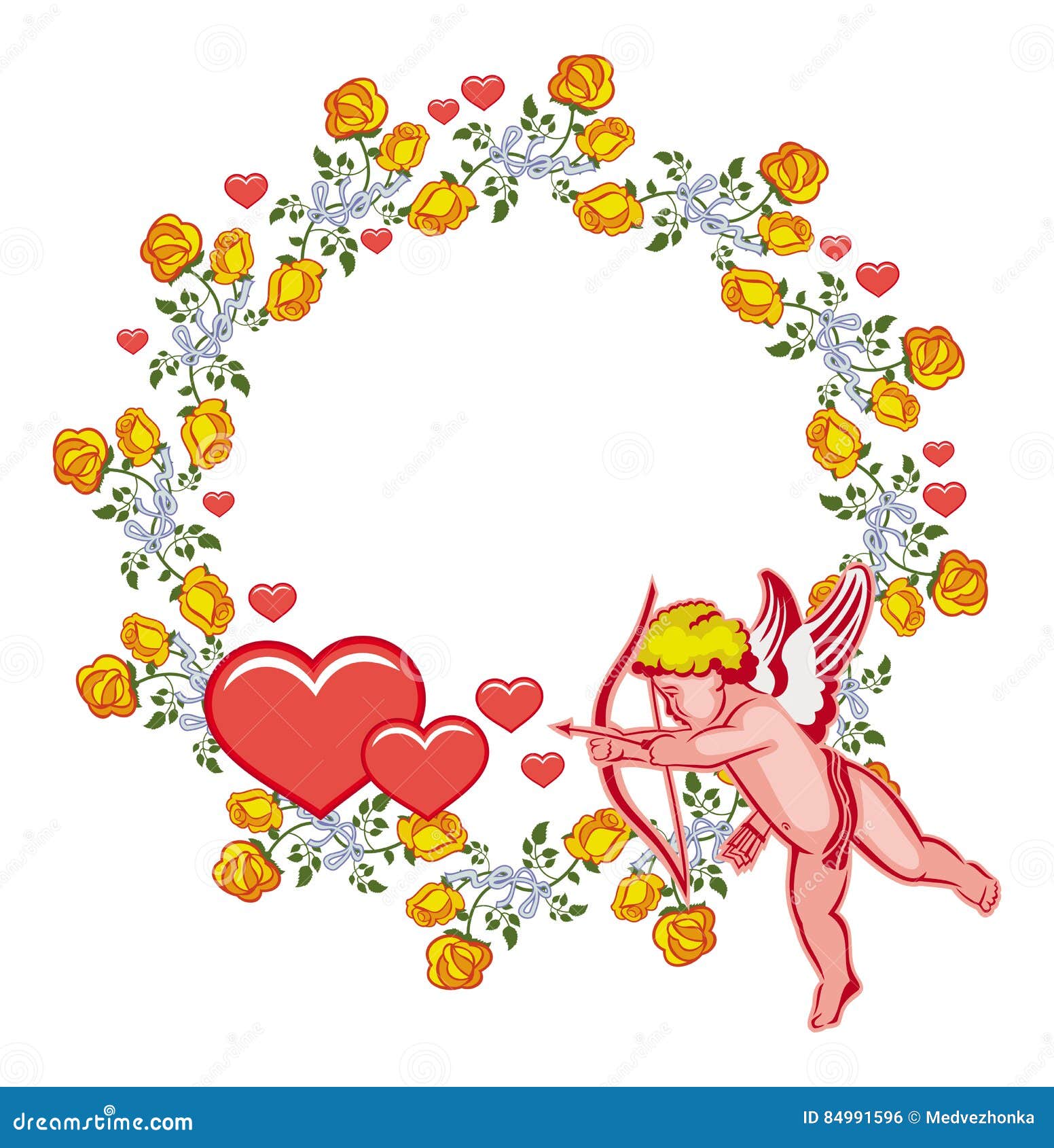 elegant round frame with cupid, yellow roses and hearts. raster clip art.