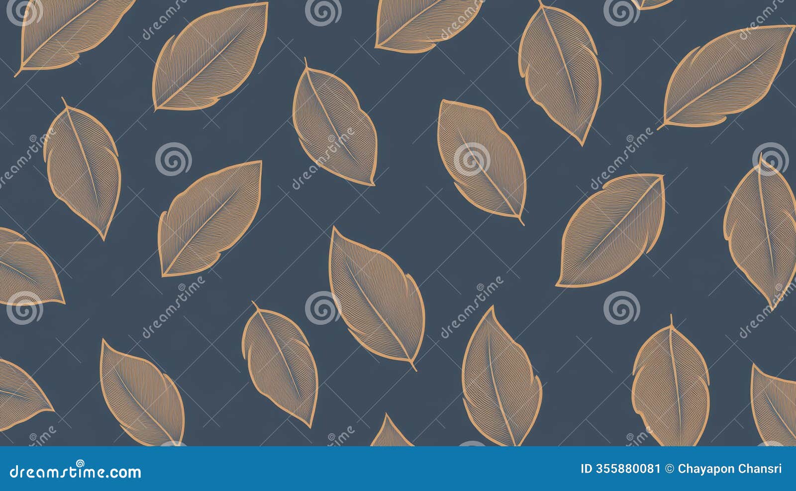 elegant seamless pattern featuring minimalistic golden leaves on dark blue background, creating sophisticated and stylish foliage