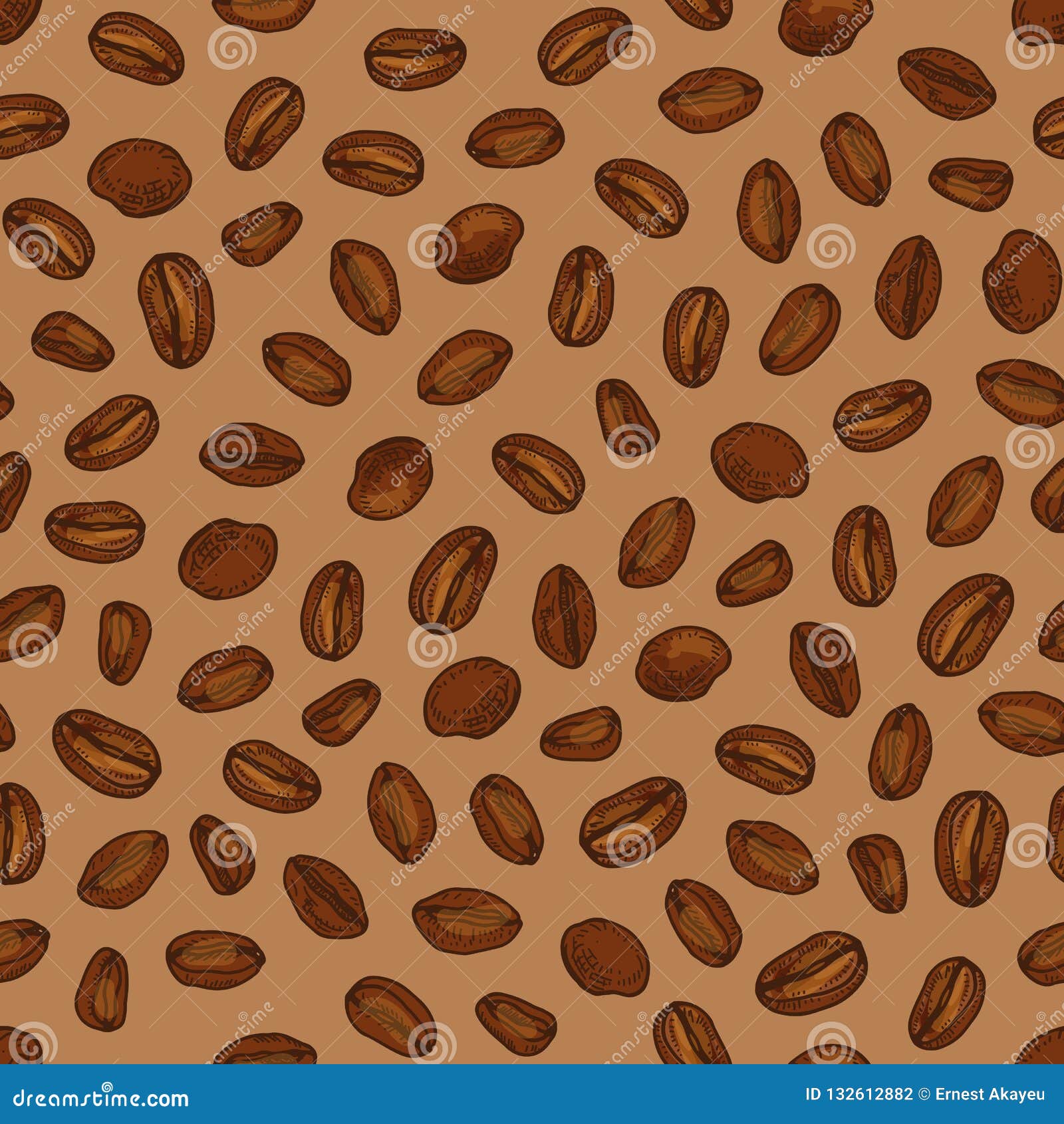 elegant seamless pattern with roasted coffee seeds or beans scattered on brown background. realistic hand drawn 